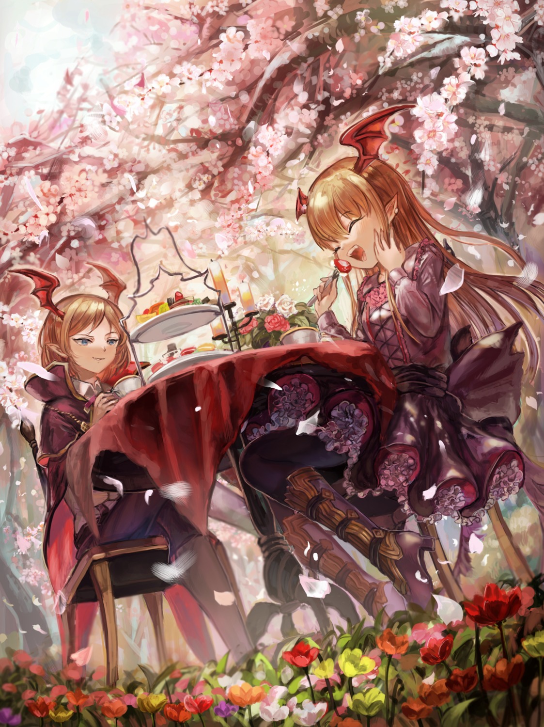 heels, miu_(pixiv2667490), pantyhose, pointy_ears, shadowverse, vampy_(shingeki_no_bahamut), veight_(granblue_fantasy), wings