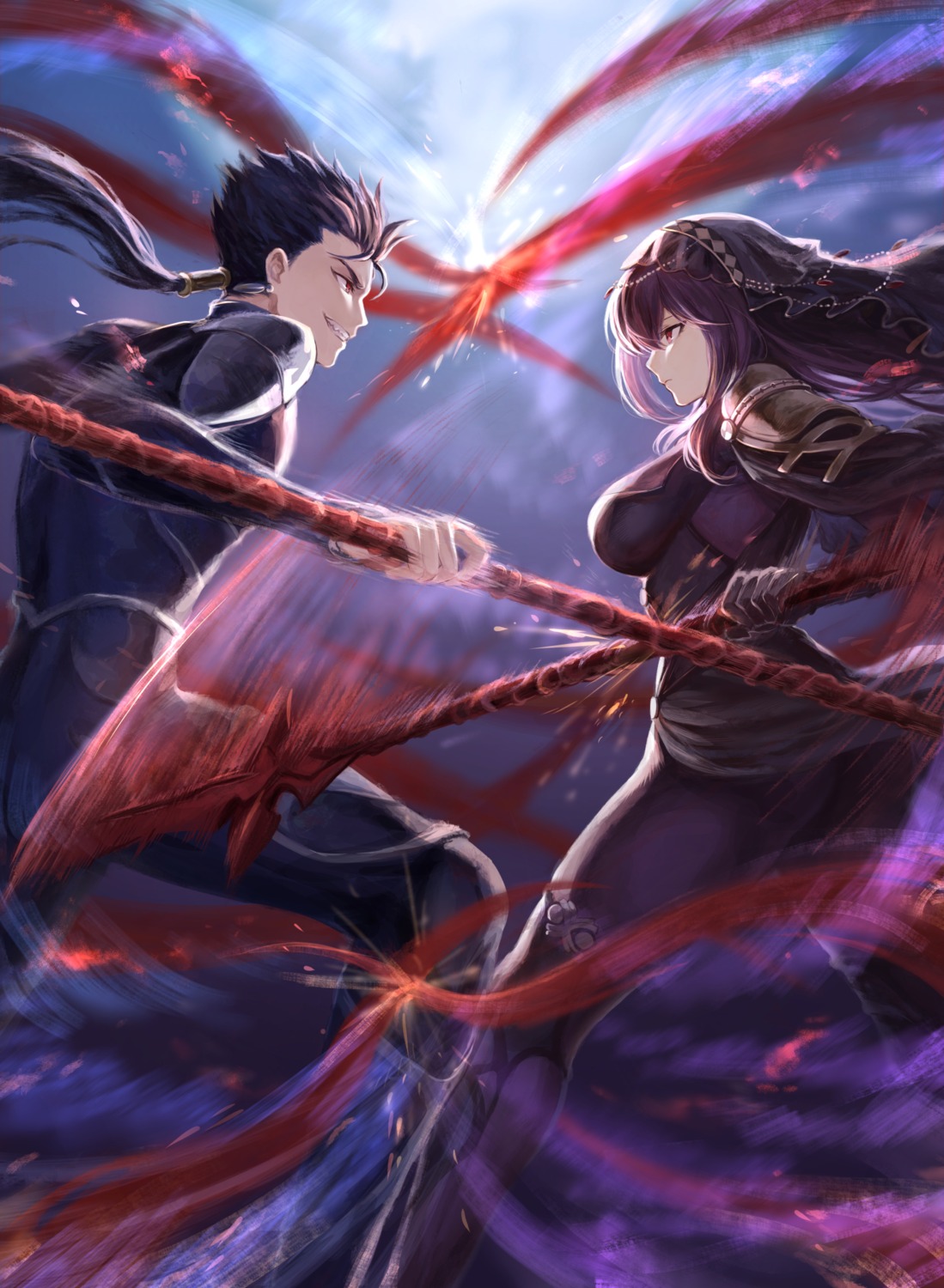 armor, bodysuit, cu_chulainn_(fate), fate/grand_order, fate/stay_night, mashu_(003), scathach_(fate), weapon