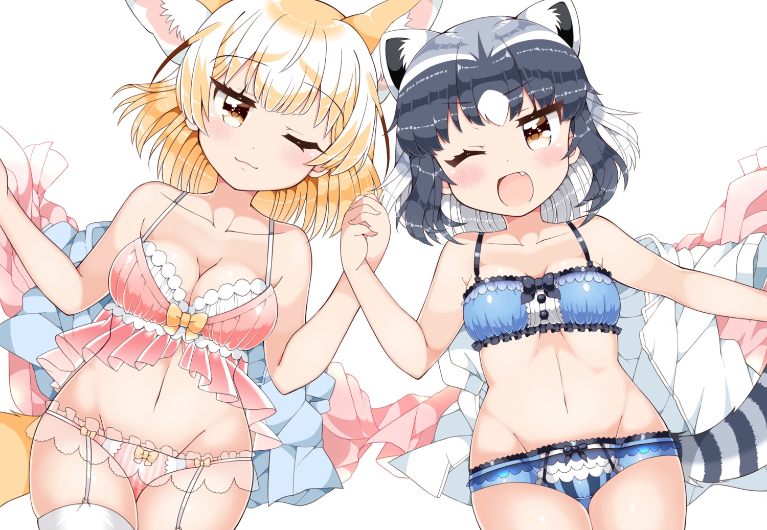 animal_ears, bra, cleavage, common_raccoon, fennec_(kemono_friends), kanjitomiko, kemono_friends, pantsu, stockings, tail, thighhighs