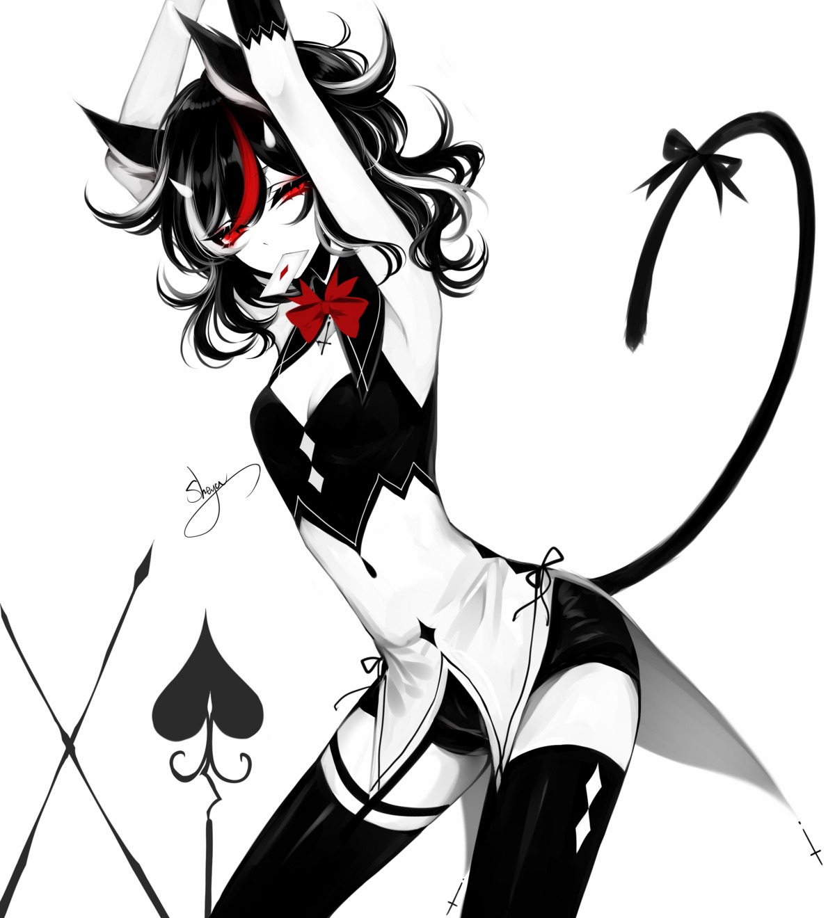 animal_ears, cleavage, horns, kijin_seija, sheya, tail, thighhighs, touhou