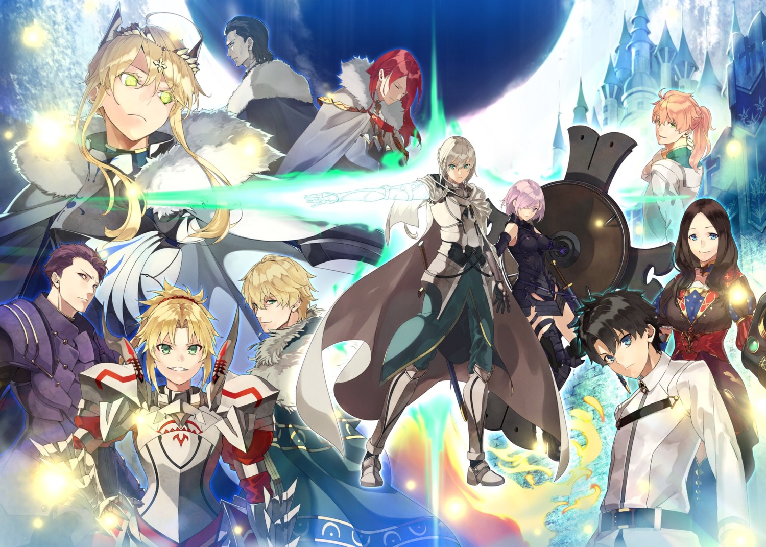 agravain_(fate), akamiso, armor, artoria_pendragon_(fate), bedivere_(fate), fate/grand_order, fujimaru_ritsuka_(male), garter, gawain_(fate), heels, lancelot_(fate), leonardo_da_vinci_(fate), mash_kyrielight, mordred_(fate), romani_archaman, sword, thighhighs, tristan_(fate)
