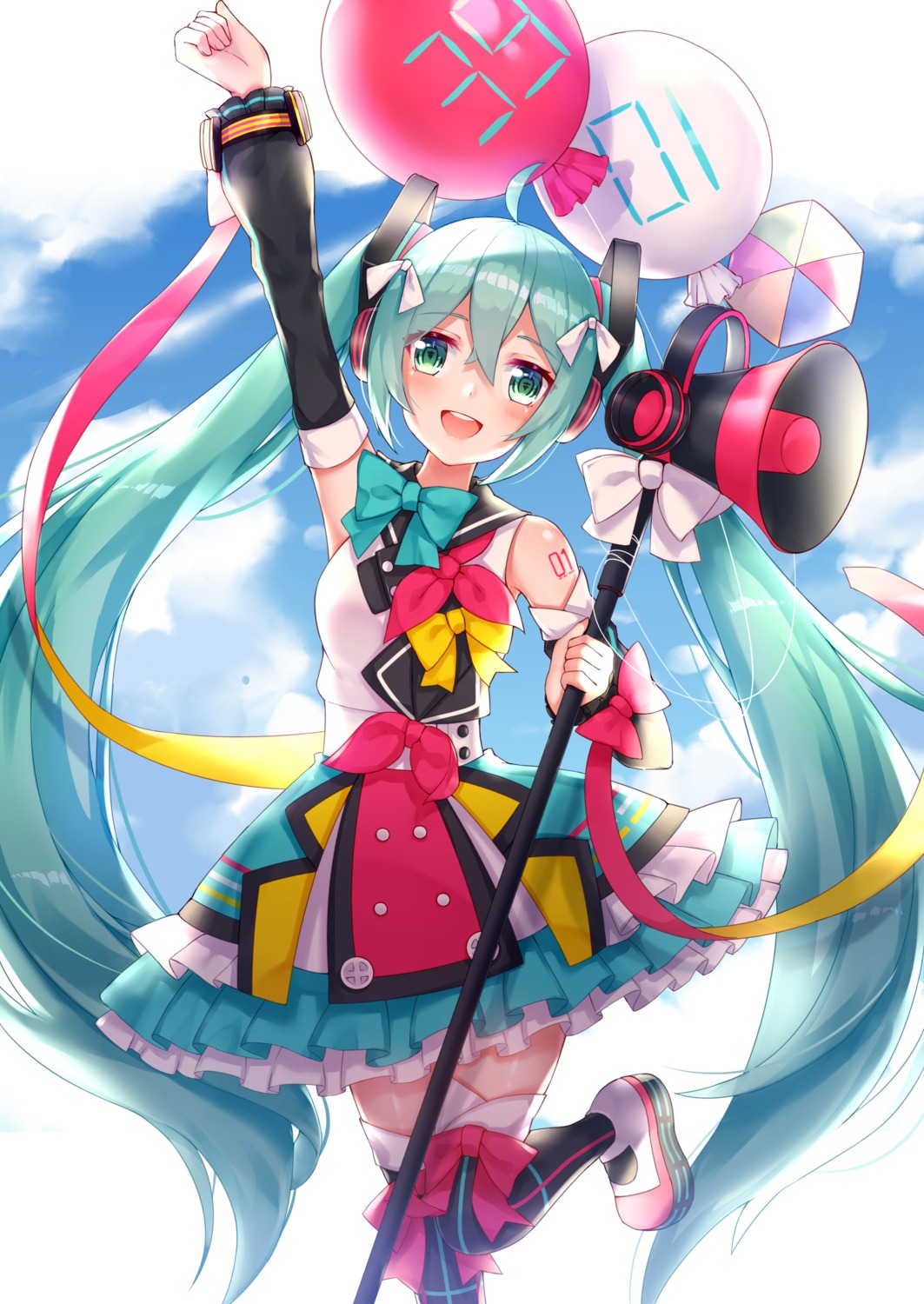 dress, hatsune_miku, headphones, magical_mirai, sll, tattoo, thighhighs, vocaloid