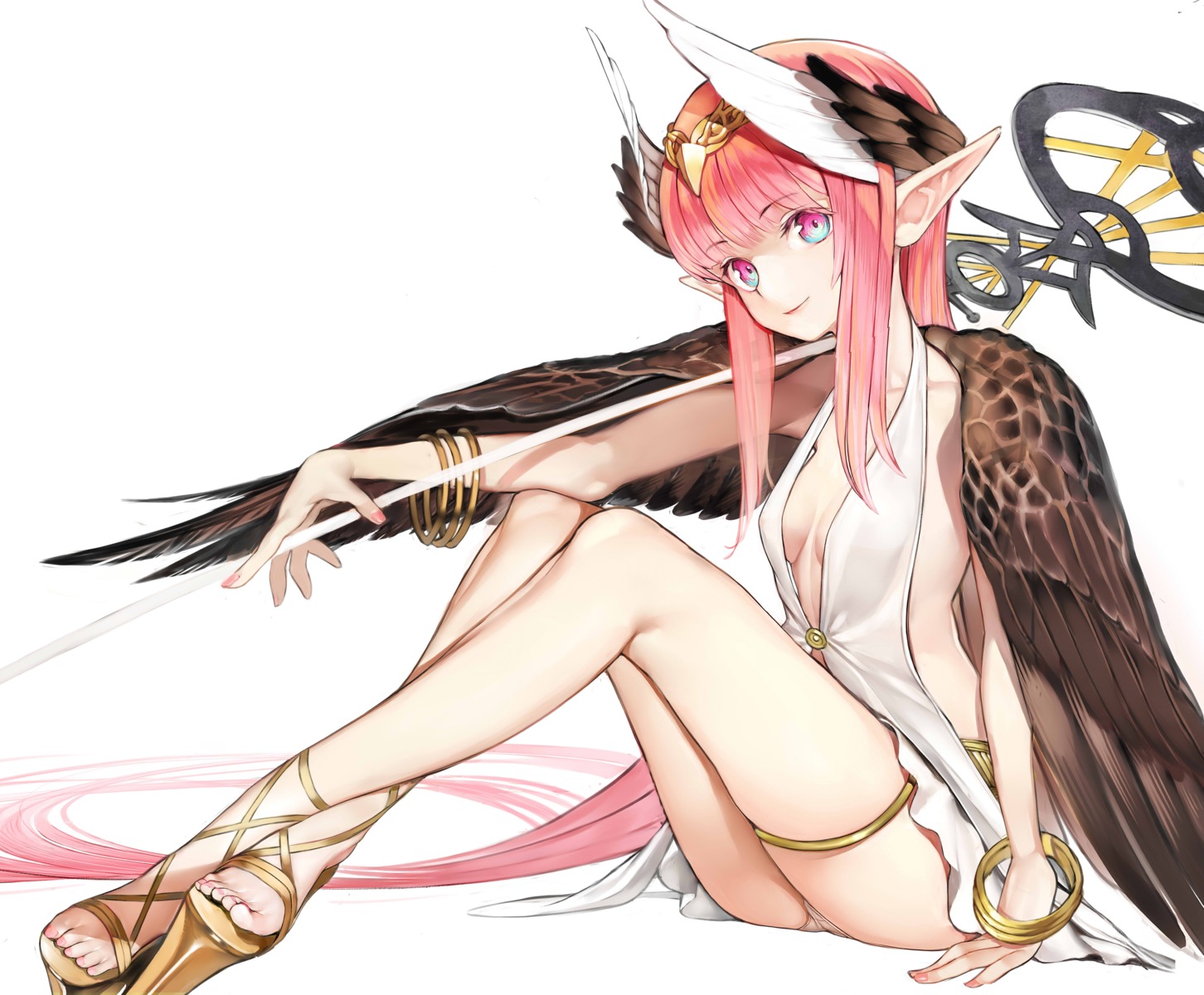 circe, cleavage, fate/grand_order, garter, no_bra, nyatabe, pantsu, pointy_ears, weapon, wings