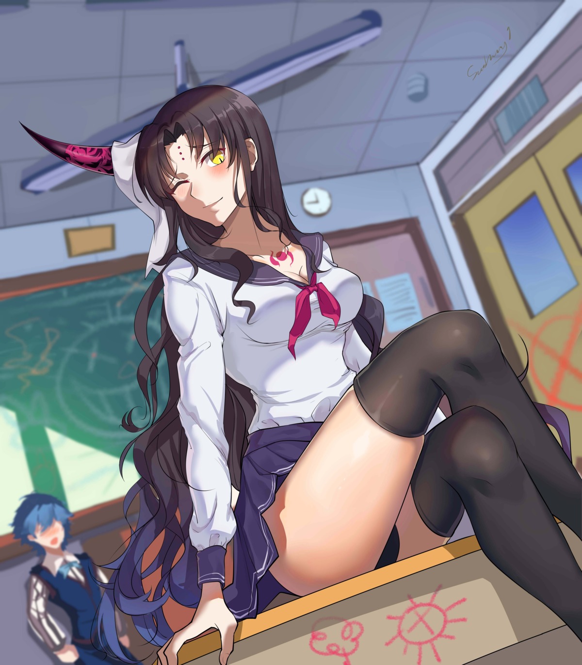 cleavage, fate/extra, fate/extra_ccc, fate/stay_night, hans_christian_andersen_(fate), horns, kaer_sasi_dianxia, pantsu, seifuku, sessyoin_kiara, tattoo, thighhighs