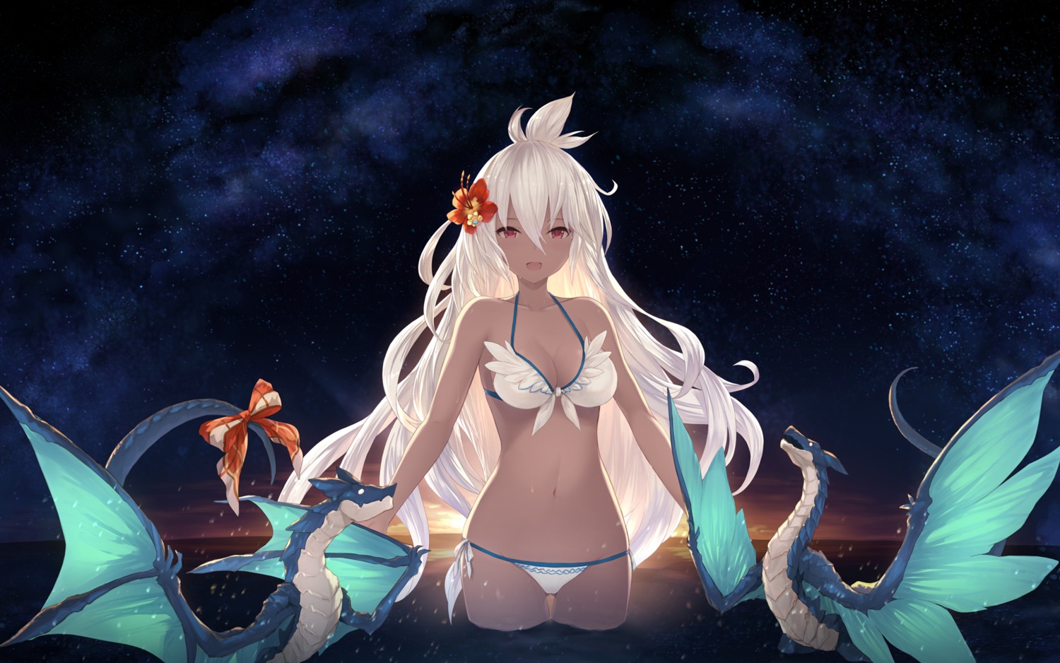 bikini, cait, cleavage, granblue_fantasy, monster, swimsuits, wallpaper, wet