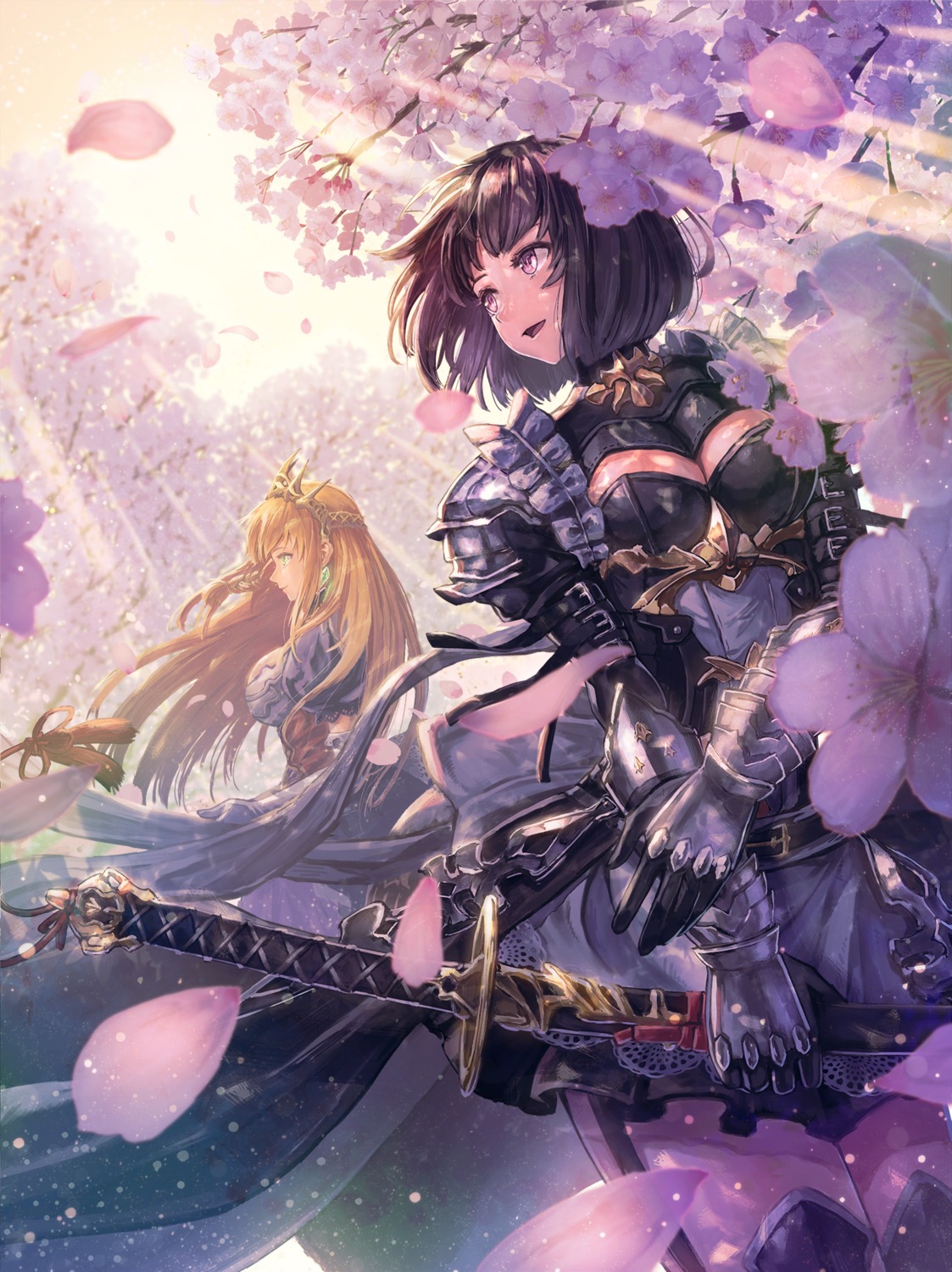 armor, cleavage, dress, erika_(shadowverse), kuroi_susumu, shadowverse, stockings, sword, thighhighs