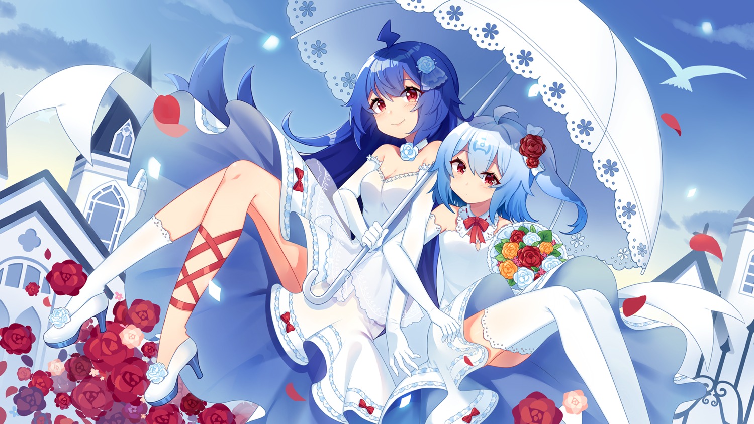 bili_bili_douga, bili_girl_22, bili_girl_33, cleavage, dress, heels, sharlorc, thighhighs, umbrella, wallpaper