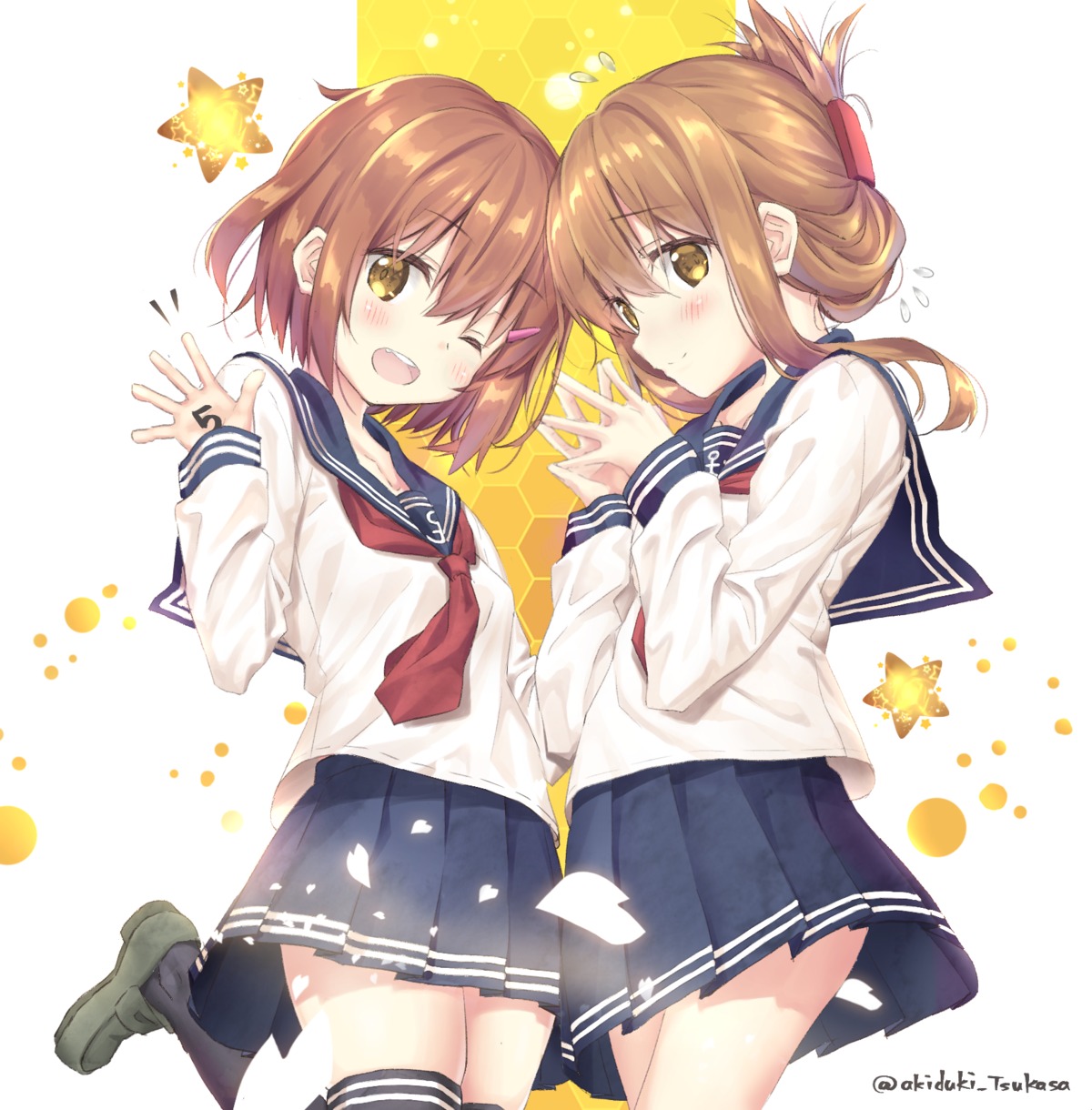 akizuki_tsukasa, ikazuchi_(kancolle), inazuma_(kancolle), kantai_collection, seifuku, thighhighs