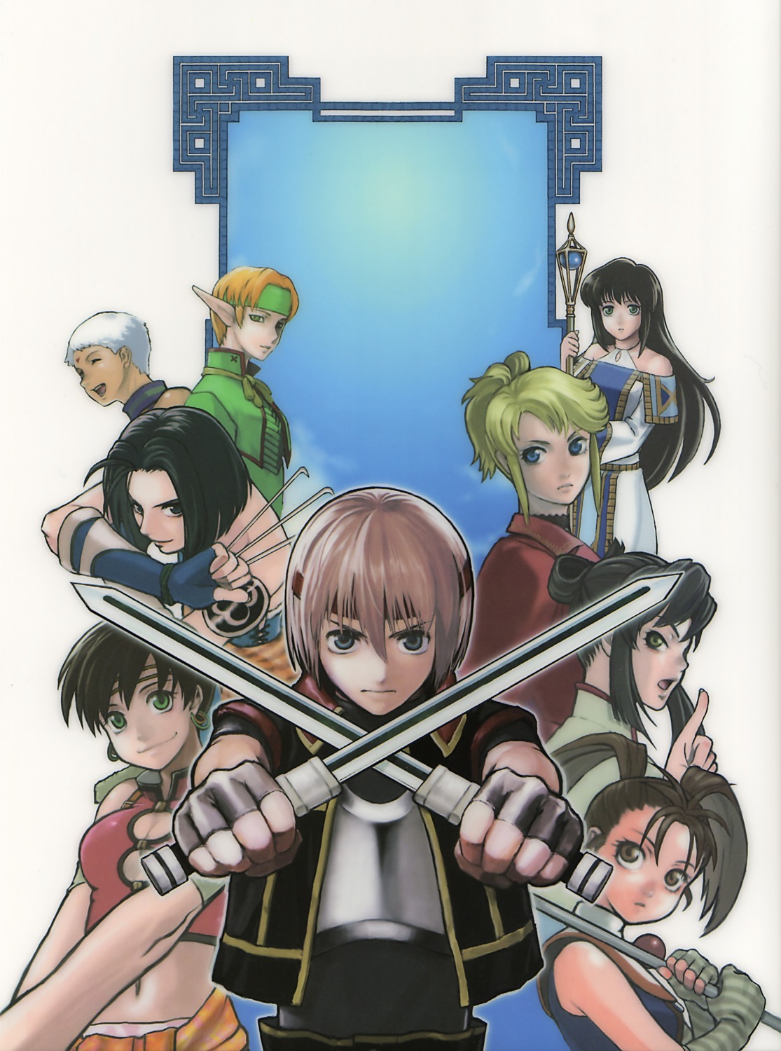 agnes_(suikoden), armor, cleavage, elf, flare_en_kuldes, jewel_(suikoden), kawano_junko, lazlo_en_kuldes, mitsuba_(suikoden), mizuki_(suikoden), paula_(suikoden), pointy_ears, rita_(suikoden), suikoden, suikoden_iv, sword, viki