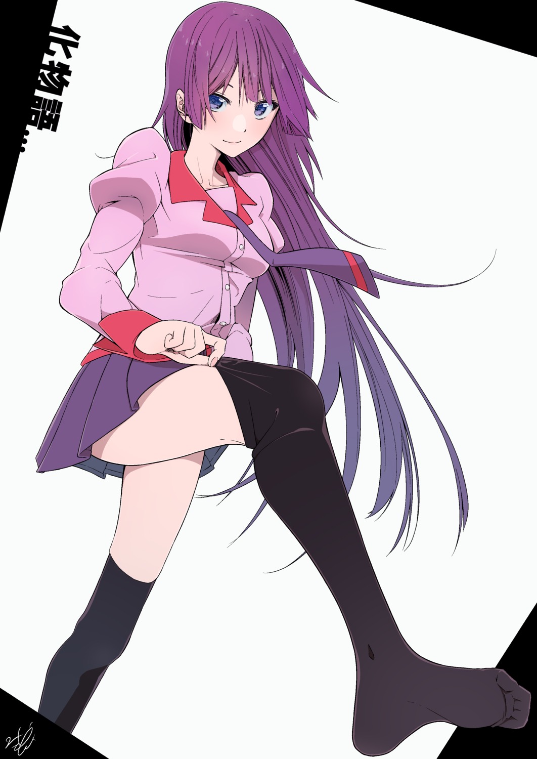 bakemonogatari, feet, futatsuki_kouta, monogatari_(series), seifuku, senjougahara_hitagi, thighhighs