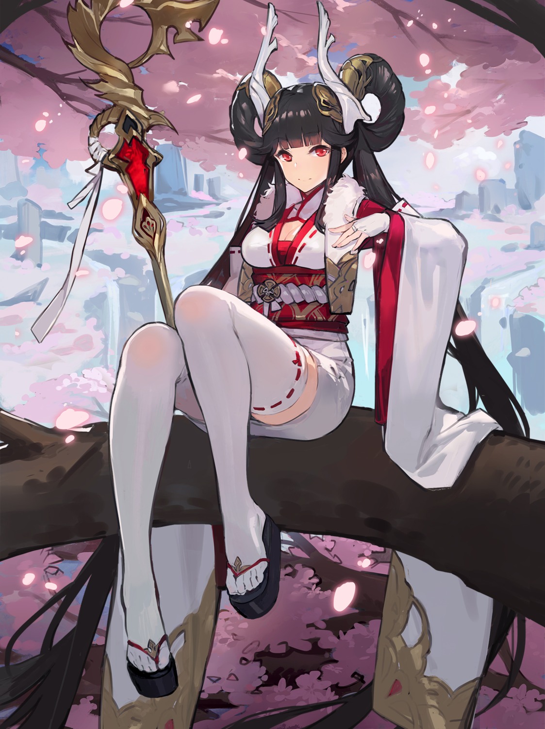 cleavage, horns, japanese_clothes, kishiyo, shadowverse, thighhighs, weapon