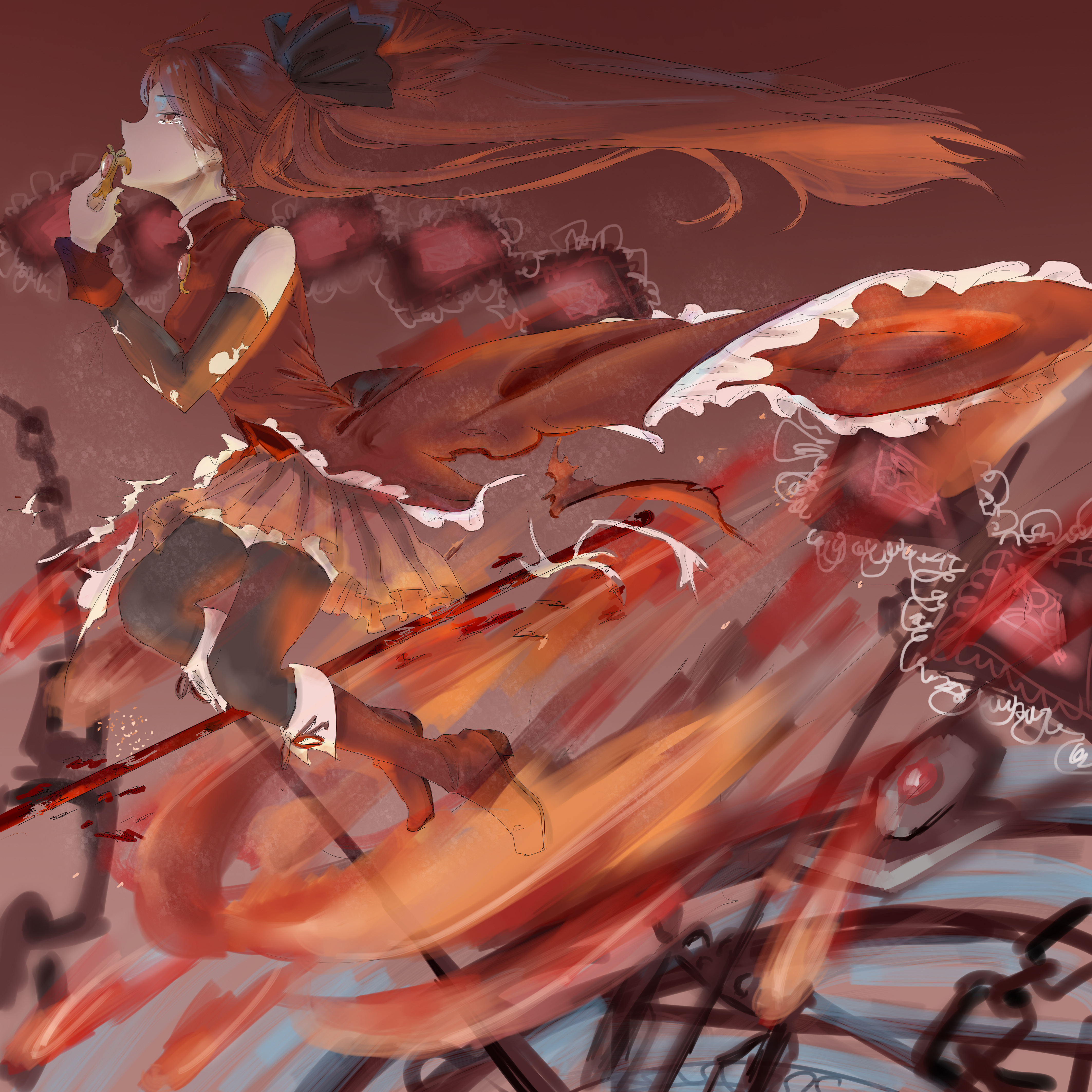dress, heels, mahou_shoujo_madoka_magica, meatbun, sakura_kyouko, thighhighs, weapon