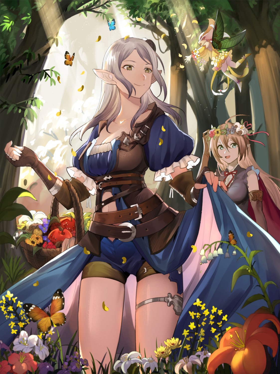 arisa_(shadowverse), cleavage, fairy, garter, pointy_ears, shadowverse, skirt_lift, yijiao