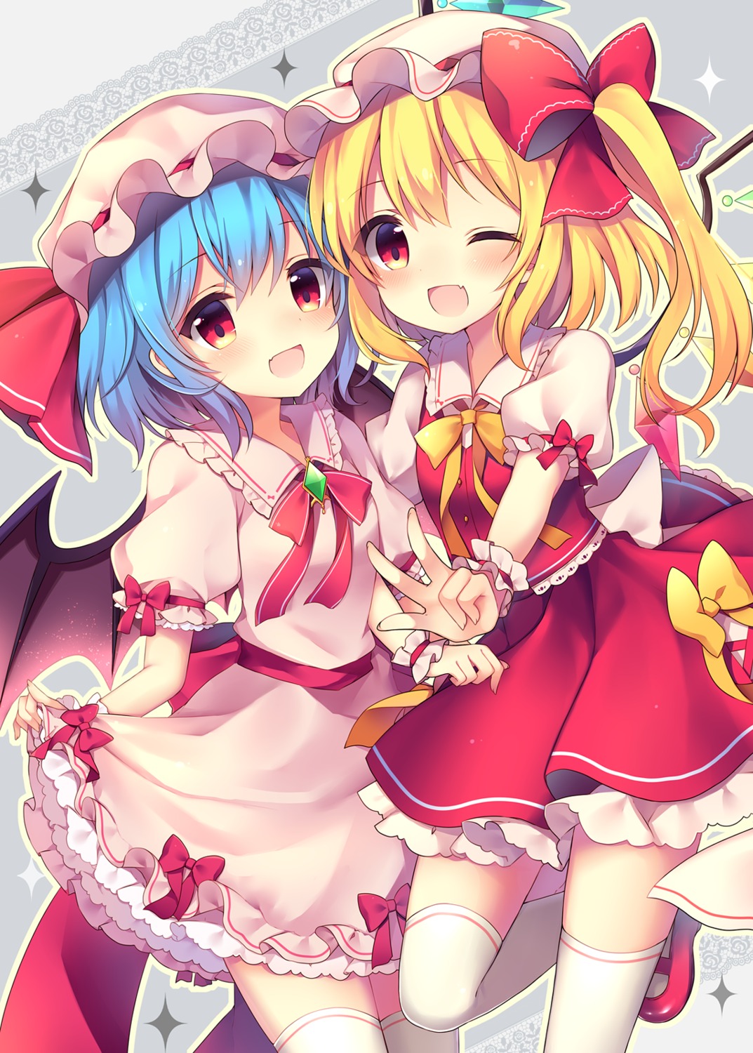 flandre_scarlet, remilia_scarlet, ruhika, skirt_lift, thighhighs, touhou, wings