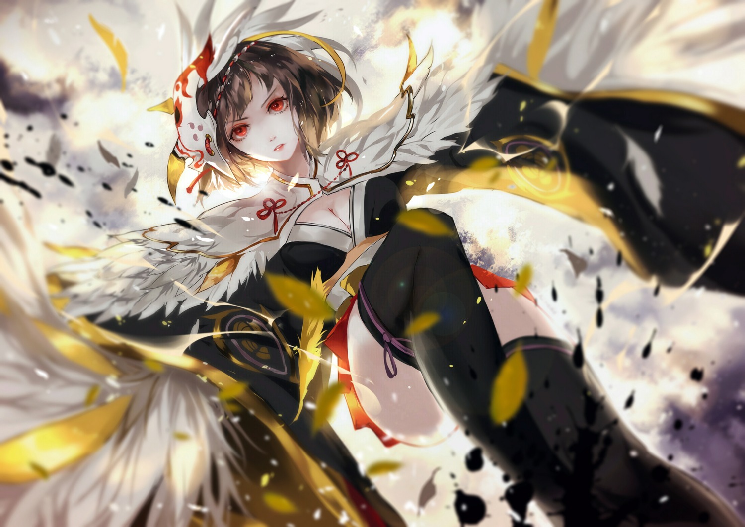 cleavage, itsumade_(onmyouji), onmyouji, thighhighs, vardan, wings