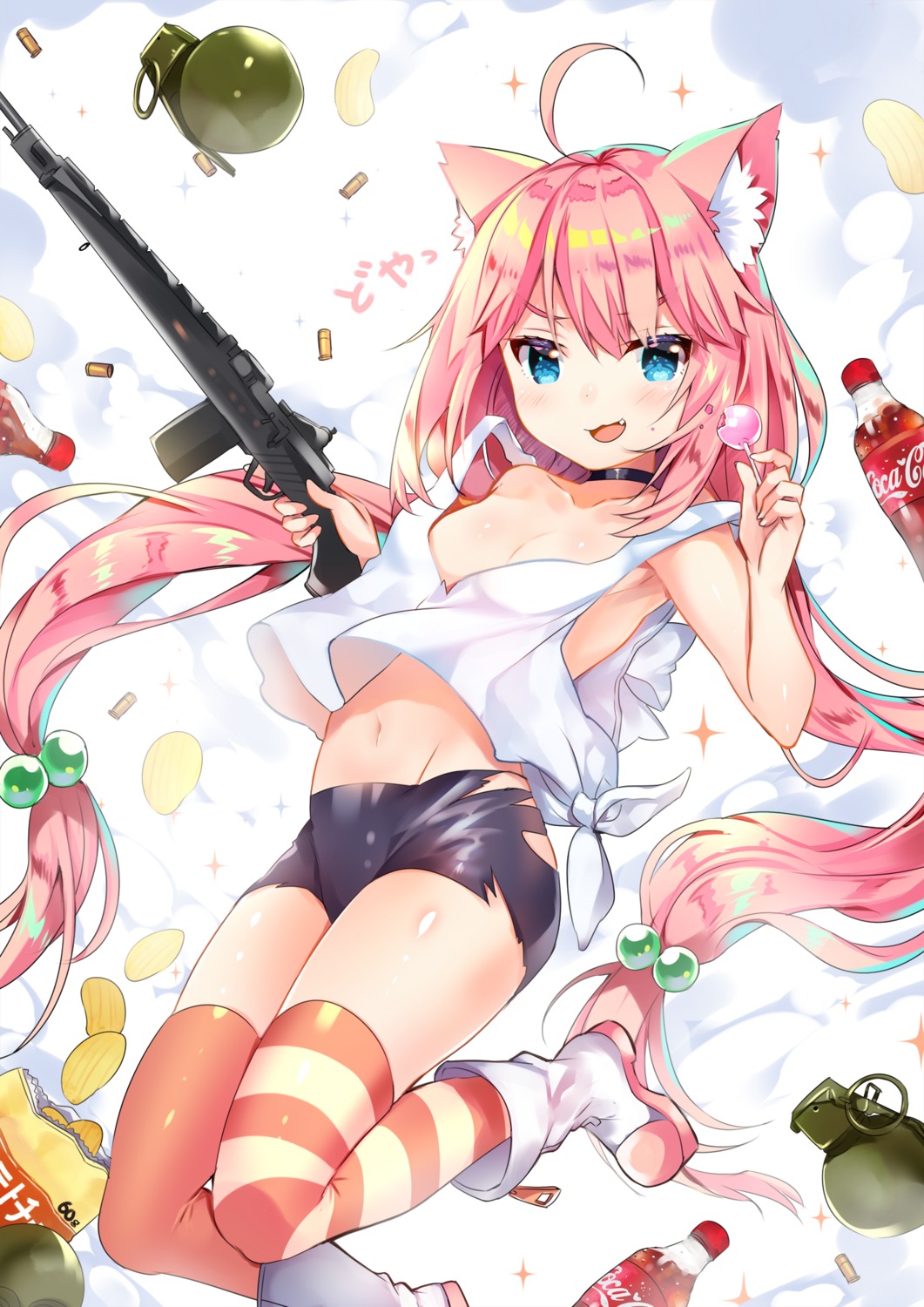 animal_ears, bike_shorts, gun, hinata_channel, nekomiya_hinata, no_bra, thighhighs, torn_clothes