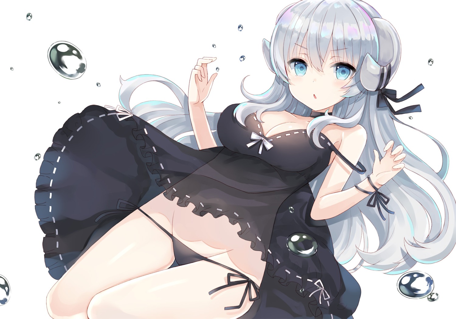 cleavage, dress, horns, pantsu, see_through, skirt_lift, string_panties, yuzu-aki