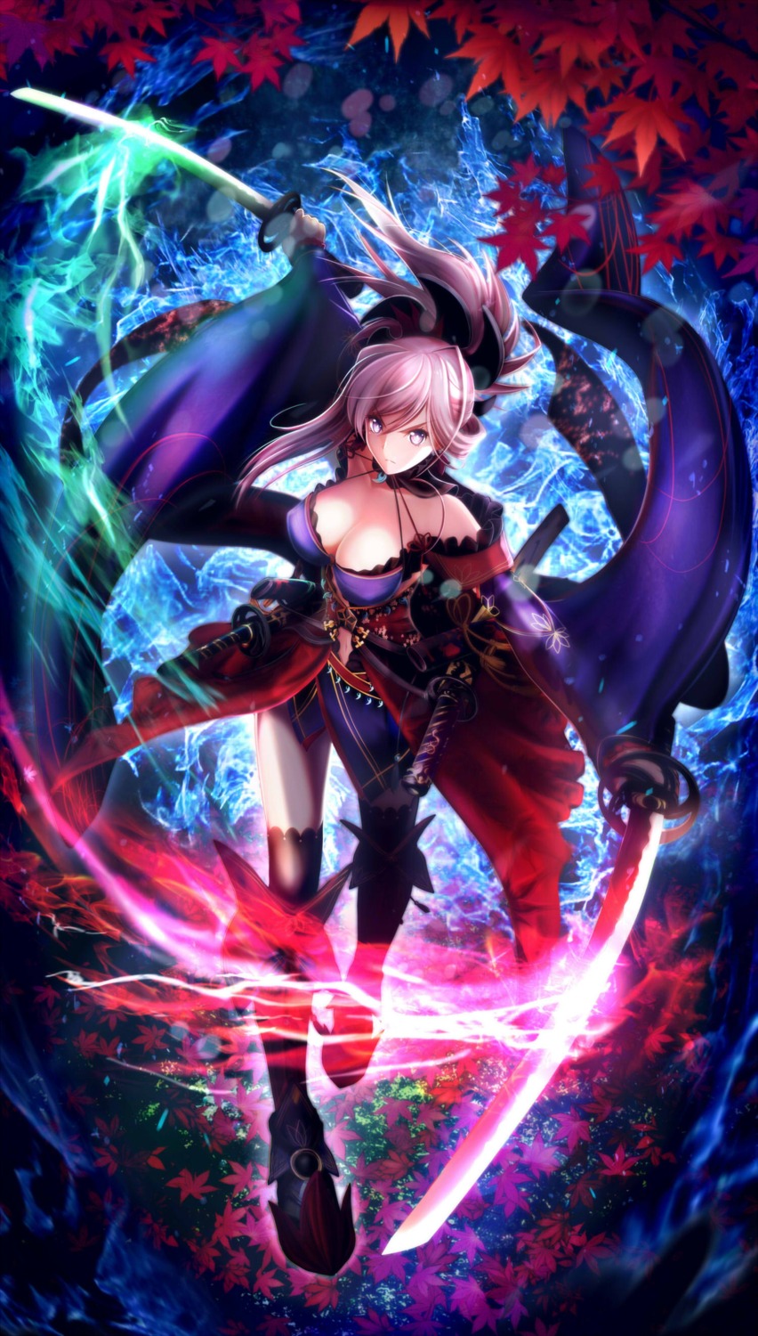 cleavage, fate/grand_order, japanese_clothes, masukudo_(hamamoto_hikaru), miyamoto_musashi_(fate), sword, thighhighs