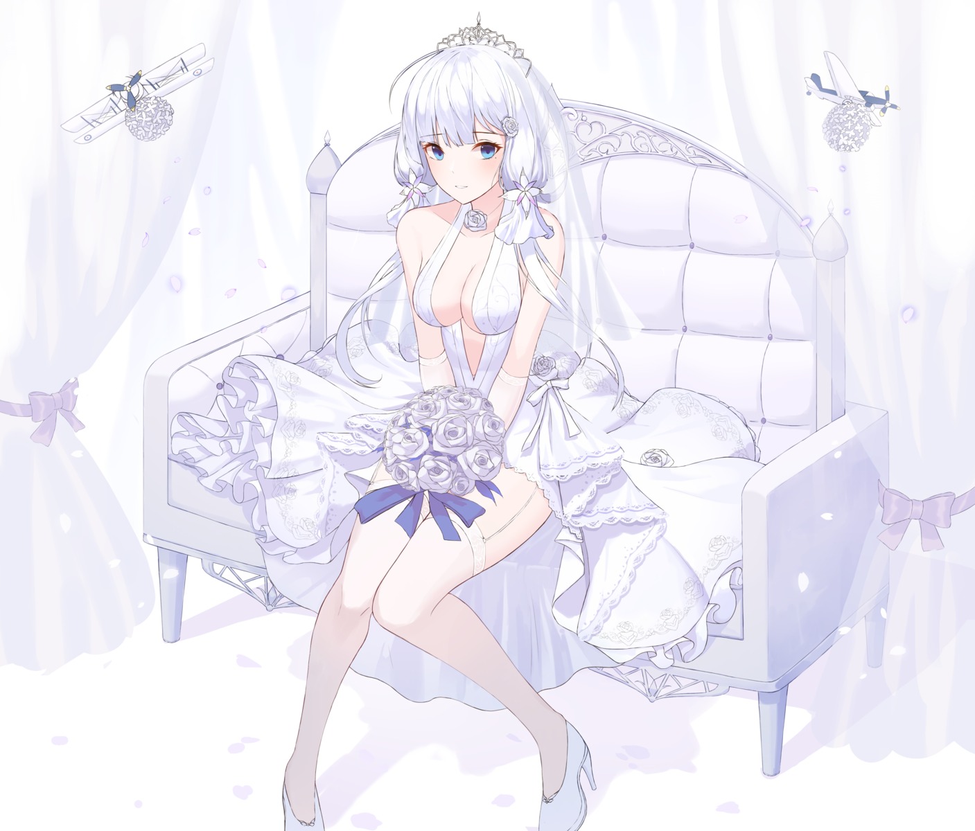 azur_lane, cleavage, dress, heels, illustrious_(azur_lane), jayamon, no_bra, stockings, thighhighs, wedding_dress