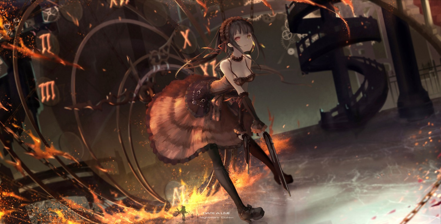 cleavage, date_a_live, dress, gothic_lolita, gun, hc, heterochromia, lolita_fashion, pantyhose, tokisaki_kurumi