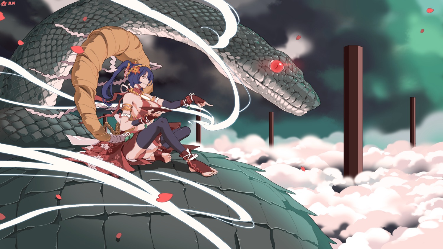 circle_a_(artist), cleavage, monster, pantsu, thighhighs, touhou, wallpaper, yasaka_kanako