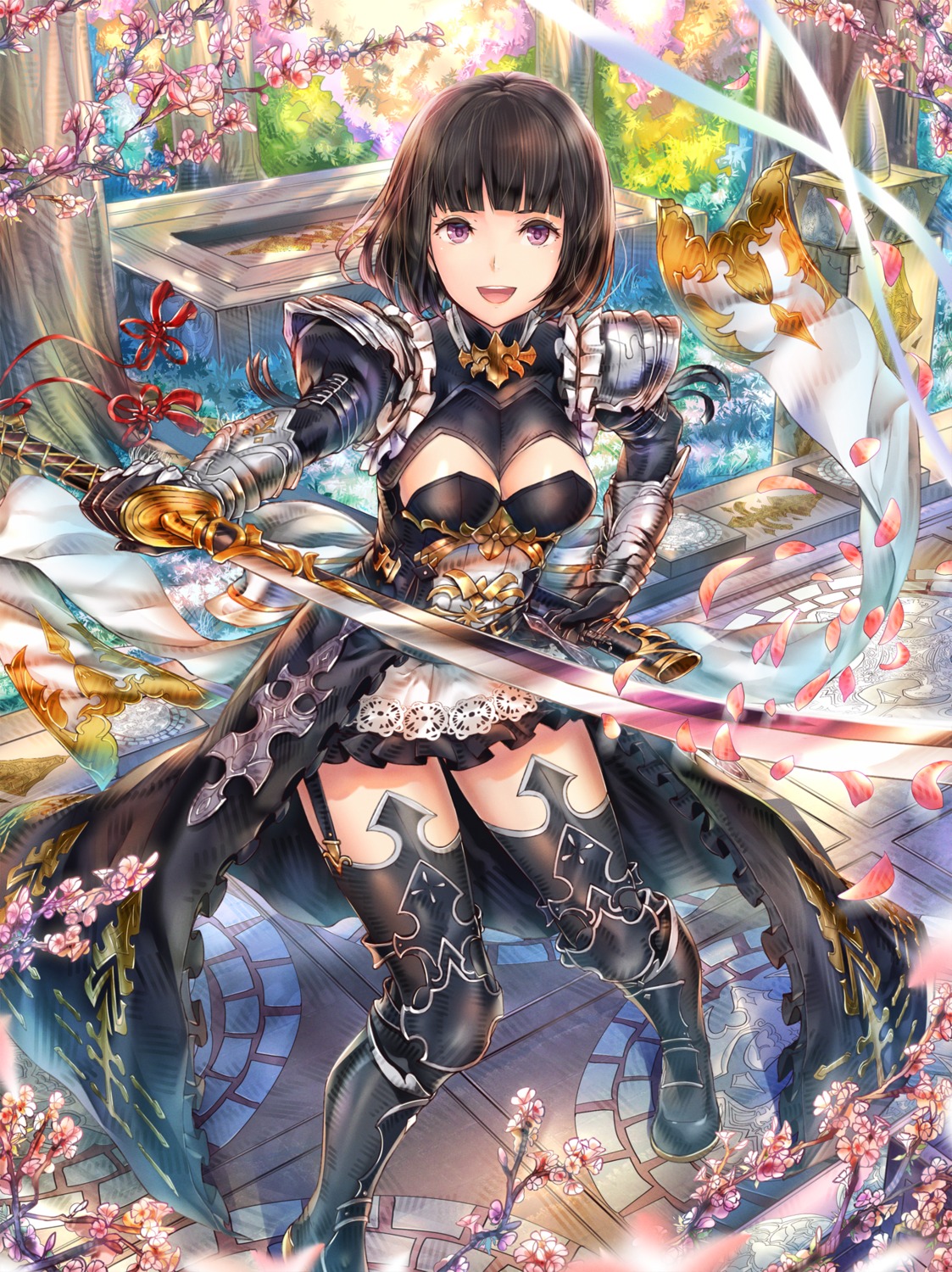 armor, cleavage, hourainingyou, shadowverse, stockings, sword, thighhighs