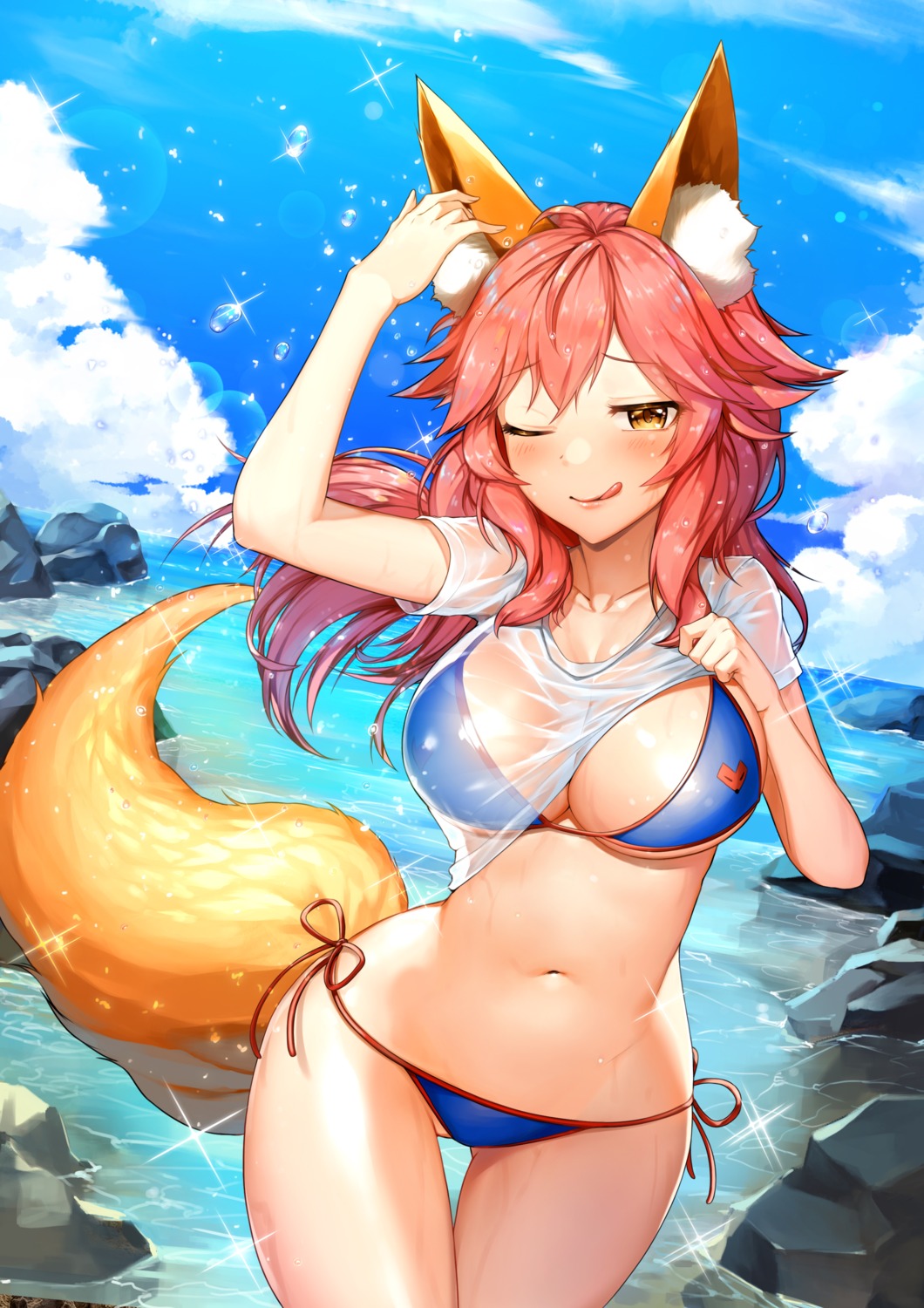 animal_ears, bikini, fate/grand_order, jai_(whany1998), see_through, shirt_lift, swimsuits, tail, tamamo_no_mae, wet, wet_clothes