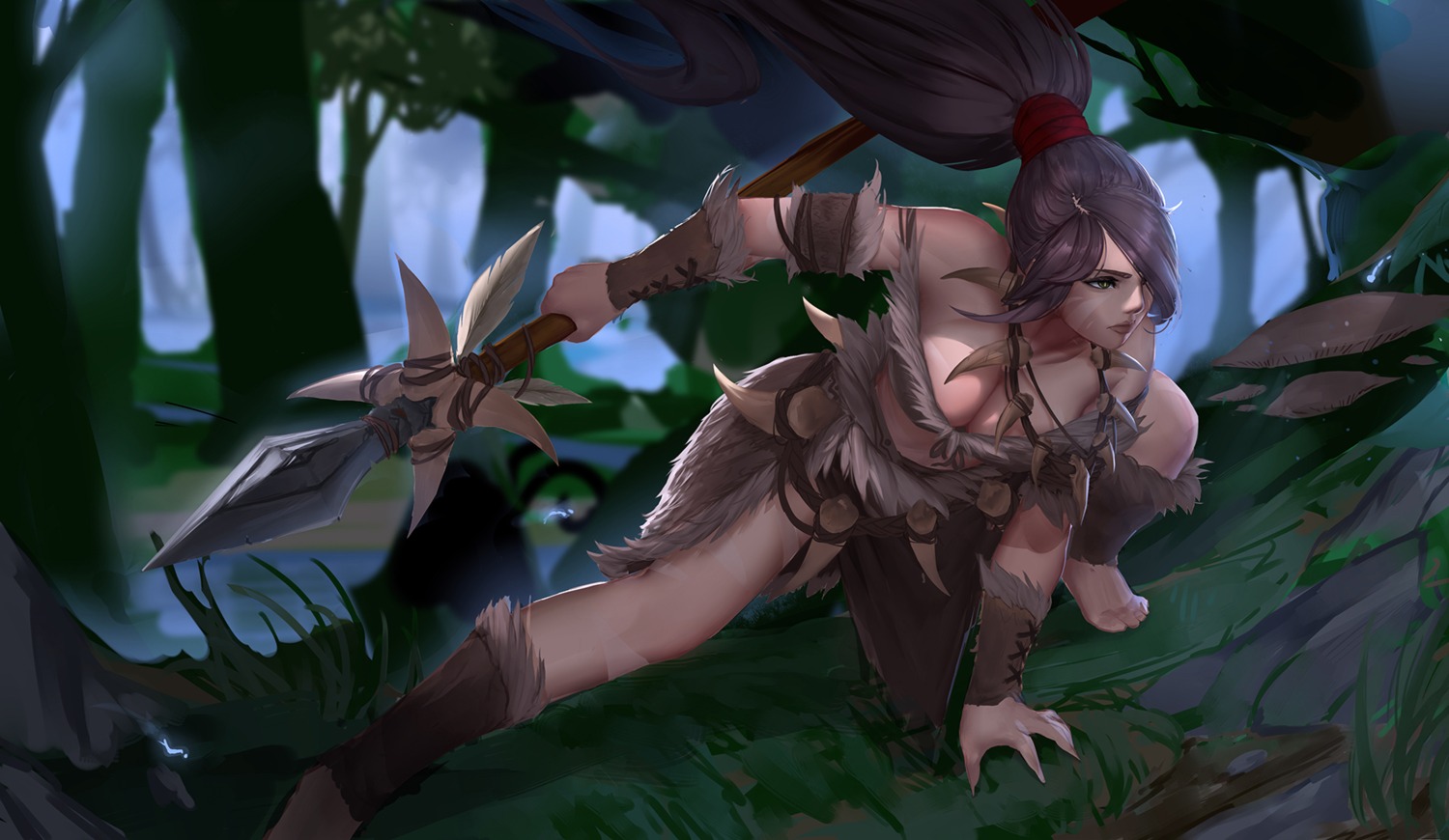 bcopy, cleavage, league_of_legends, nidalee, tattoo, weapon