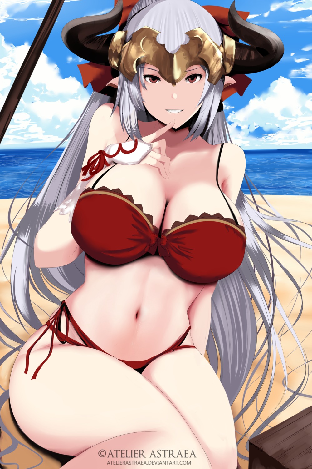 aleeza_(granblue_fantasy), astrea_(atelierastrea), bikini, cleavage, granblue_fantasy, horns, pointy_ears, swimsuits
