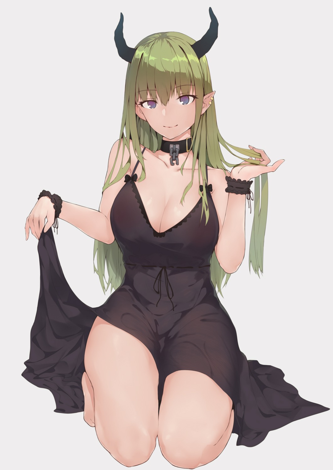 cleavage, dress, grain, horns, pointy_ears, skirt_lift