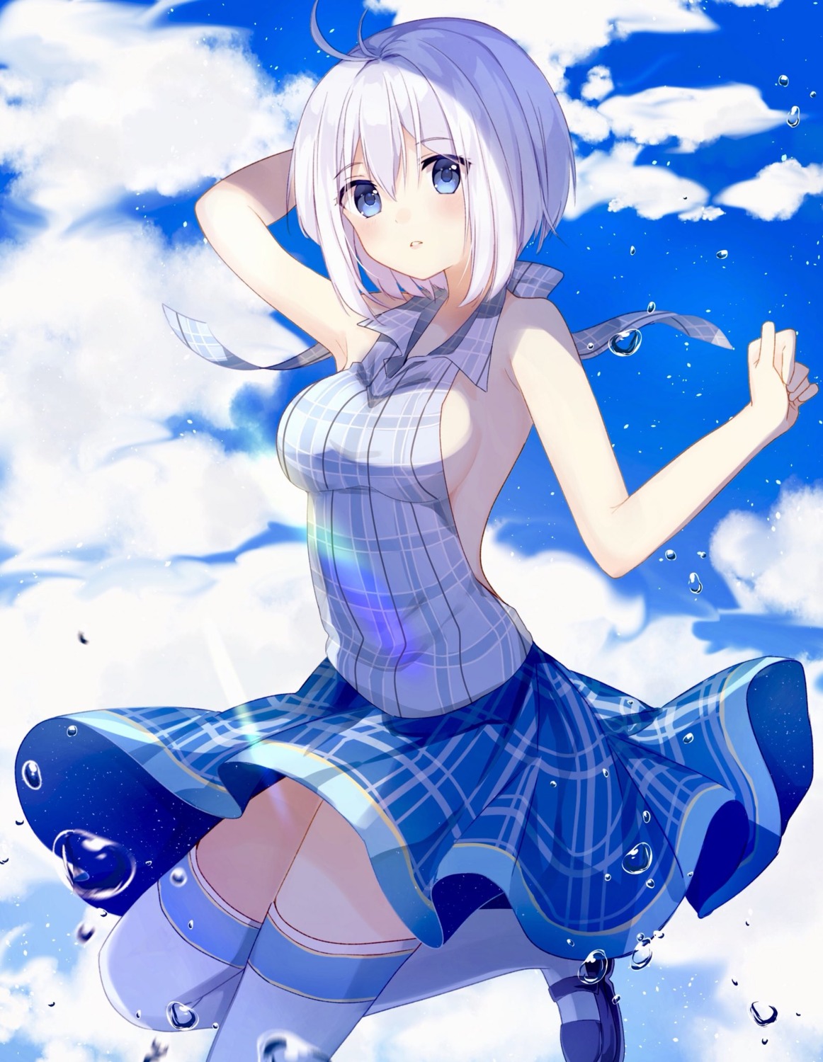akou_yami, dennou_shoujo_youtuber_shiro, no_bra, shiro_(dennou_shoujo_youtuber_shiro), skirt_lift, thighhighs