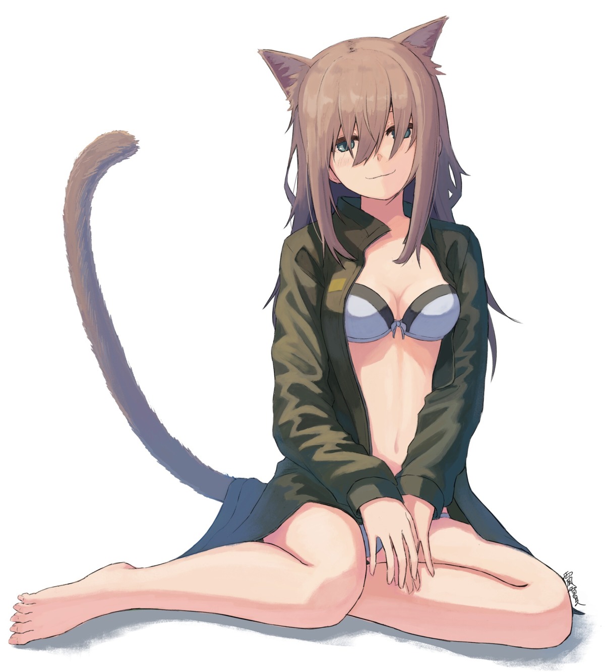 amekaze_yukinatsu, animal_ears, bra, cleavage, feet, nekomimi, open_shirt, pantsu
