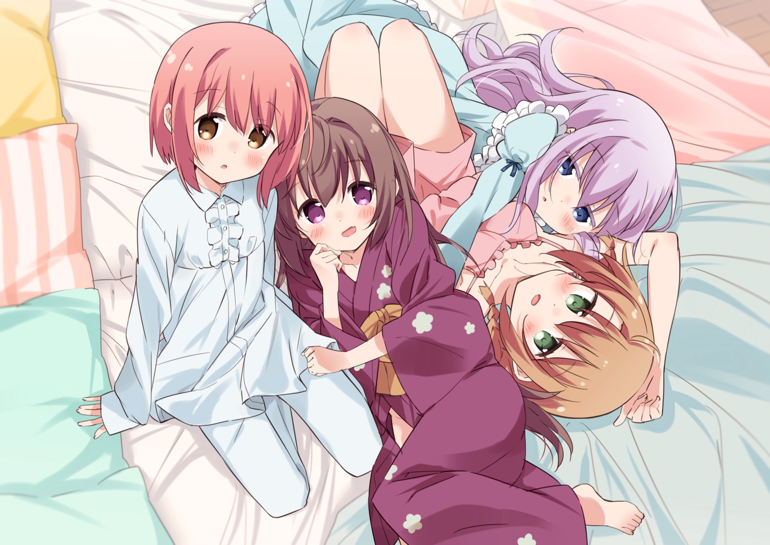 ichinose_hana, momochi_tamate, moso, pajama, sengoku_kamuri, slow_start, tokura_eiko, yukata