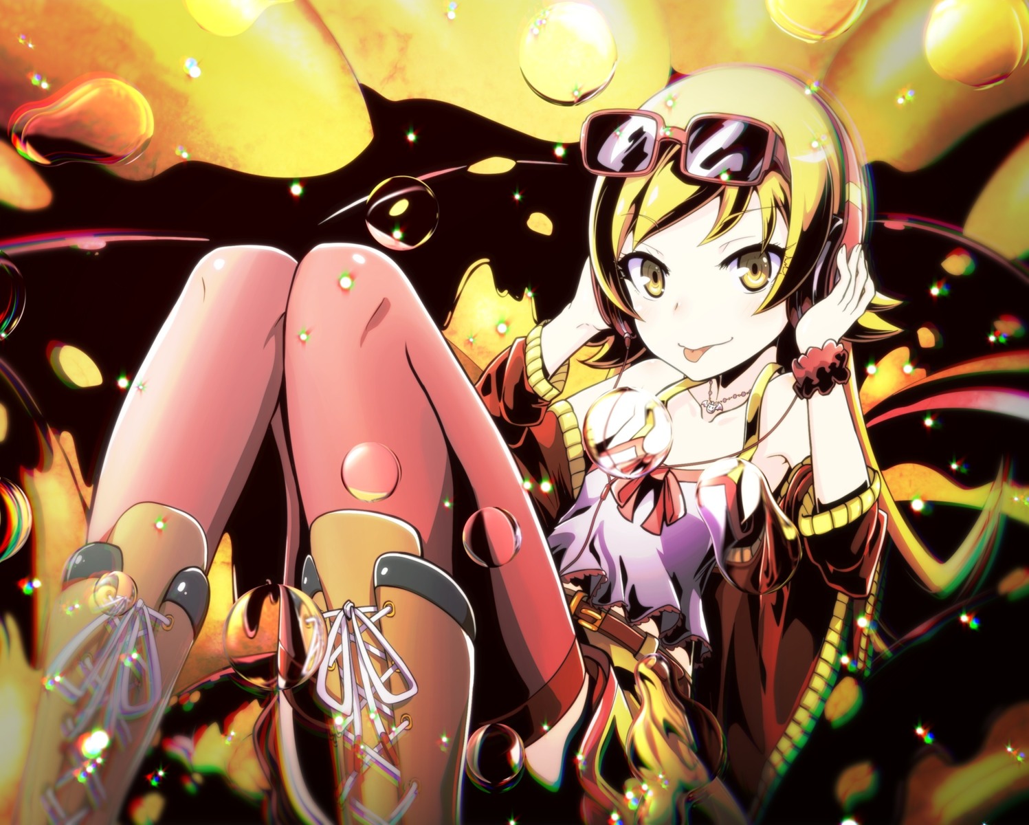 bakemonogatari, headphones, megane, monogatari_(series), oshino_shinobu, tanashi, thighhighs