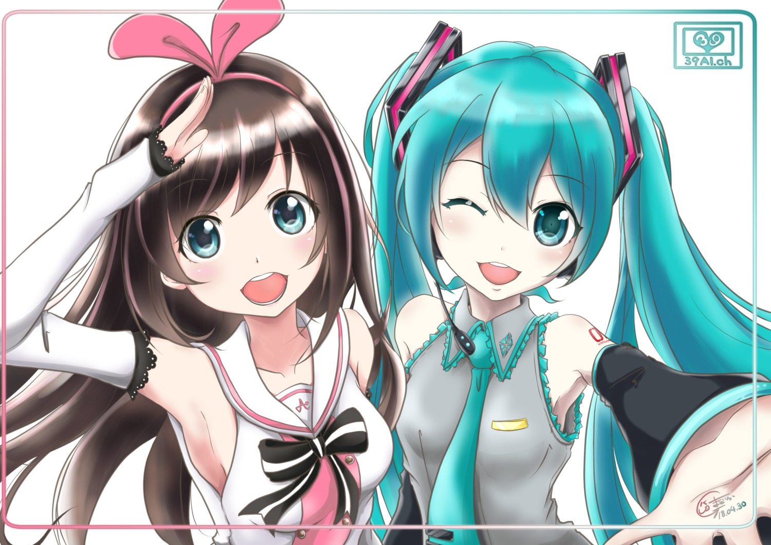 crossover, dec_madoka, hatsune_miku, headphones, kizuna_ai, kizuna_ai_inc., tattoo, vocaloid