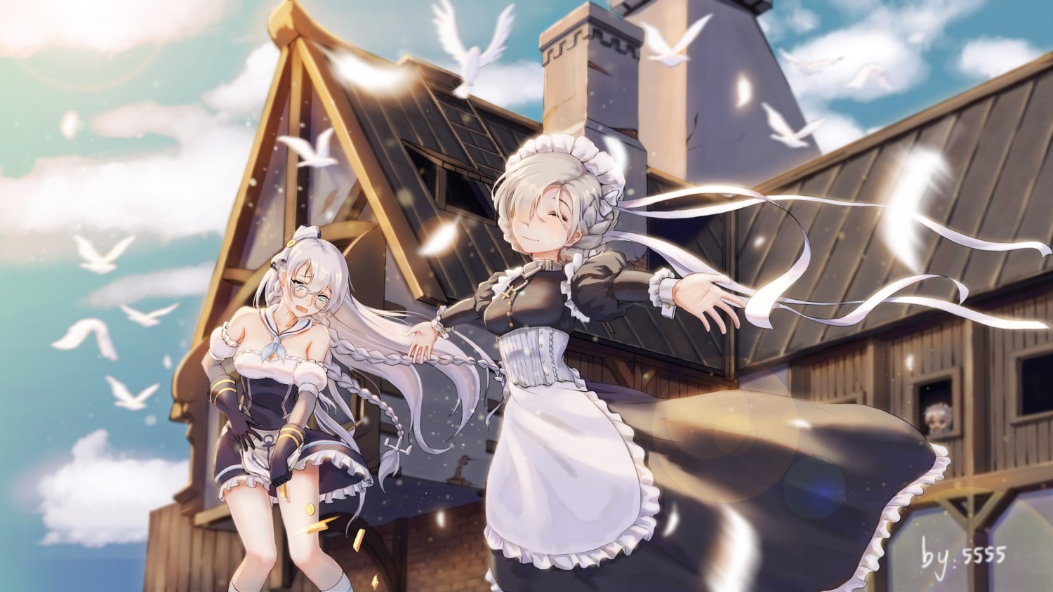 azur_lane, belfast_(azur_lane), edinburgh_(azur_lane), jpeg_artifacts, maid, megane, sheffield_(azur_lane), wallpaper