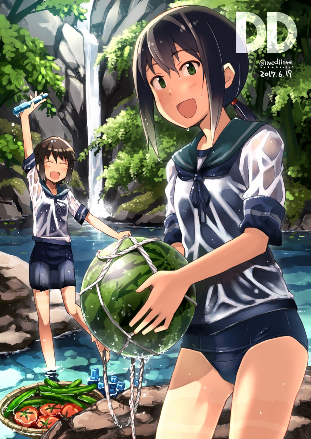 fubuki_(kancolle), kantai_collection, miyuki_(kancolle), sakura_(medilore), school_swimsuit, see_through, seifuku, swimsuits, wet, wet_clothes