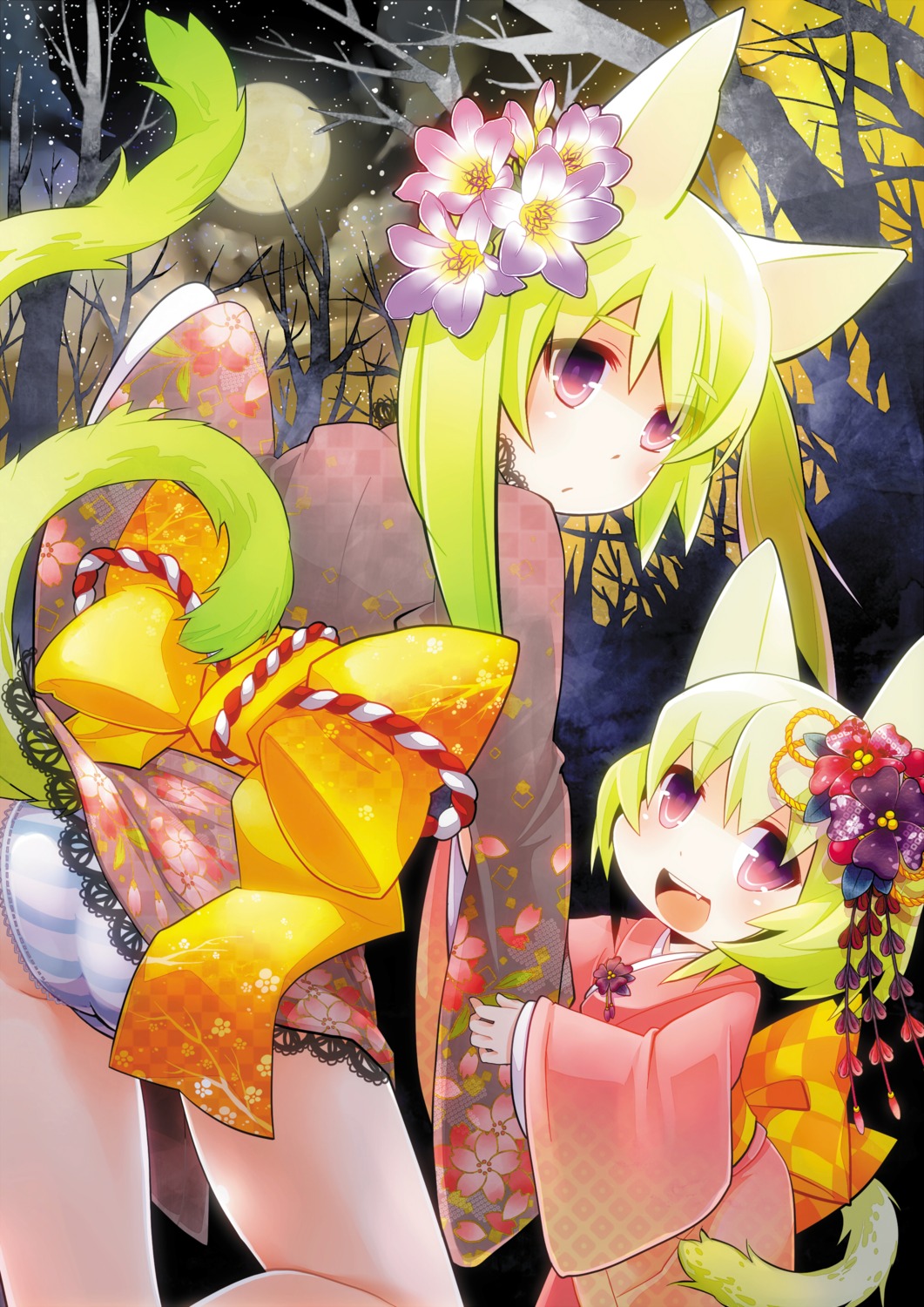 animal_ears, ass, kimono, pantsu, shimapan, skirt_lift, tail, tanaka_nyan