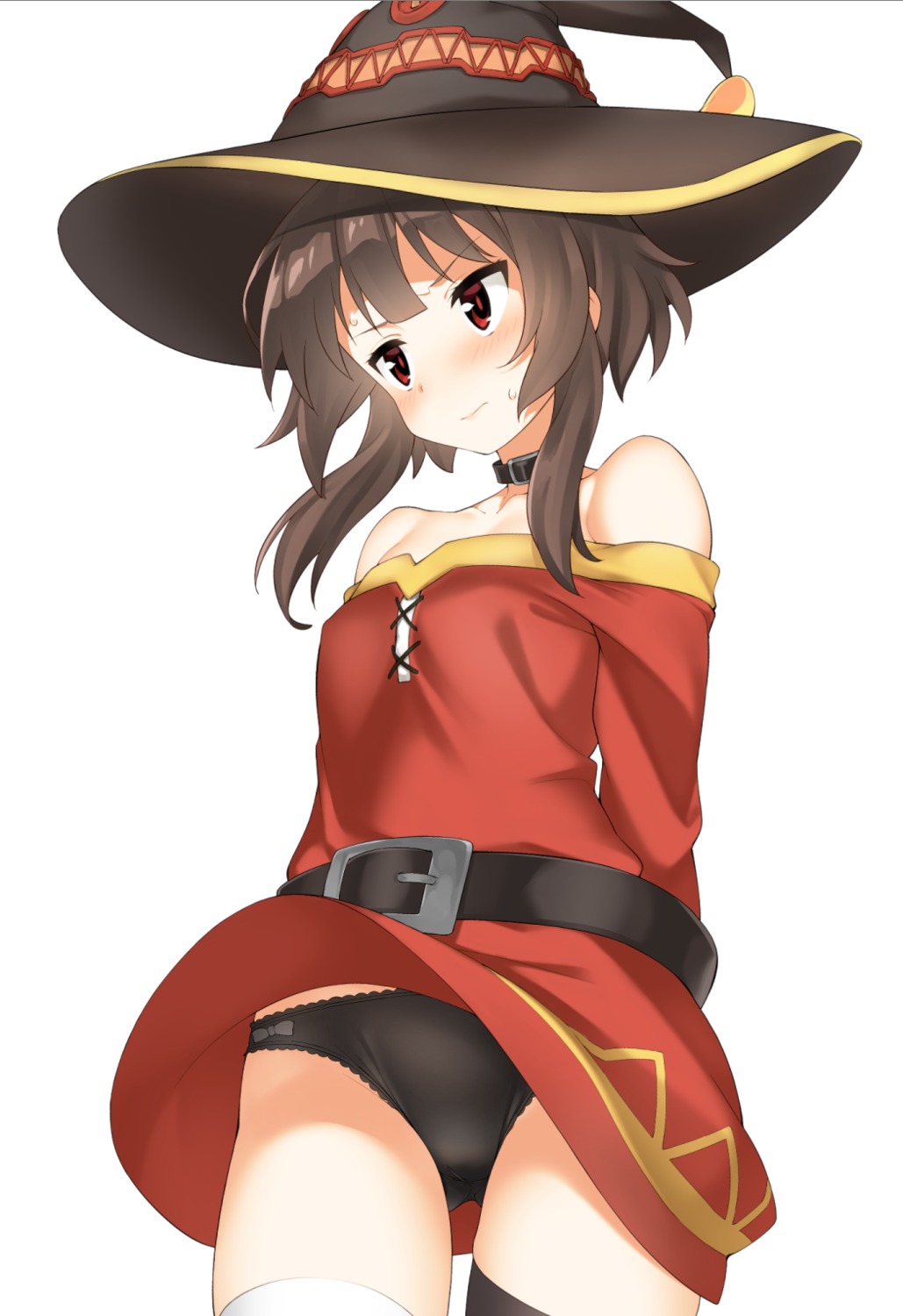 dress, hatanaka, kono_subarashii_sekai_ni_shukufuku_wo!, megumin, pantsu, skirt_lift, thighhighs, witch