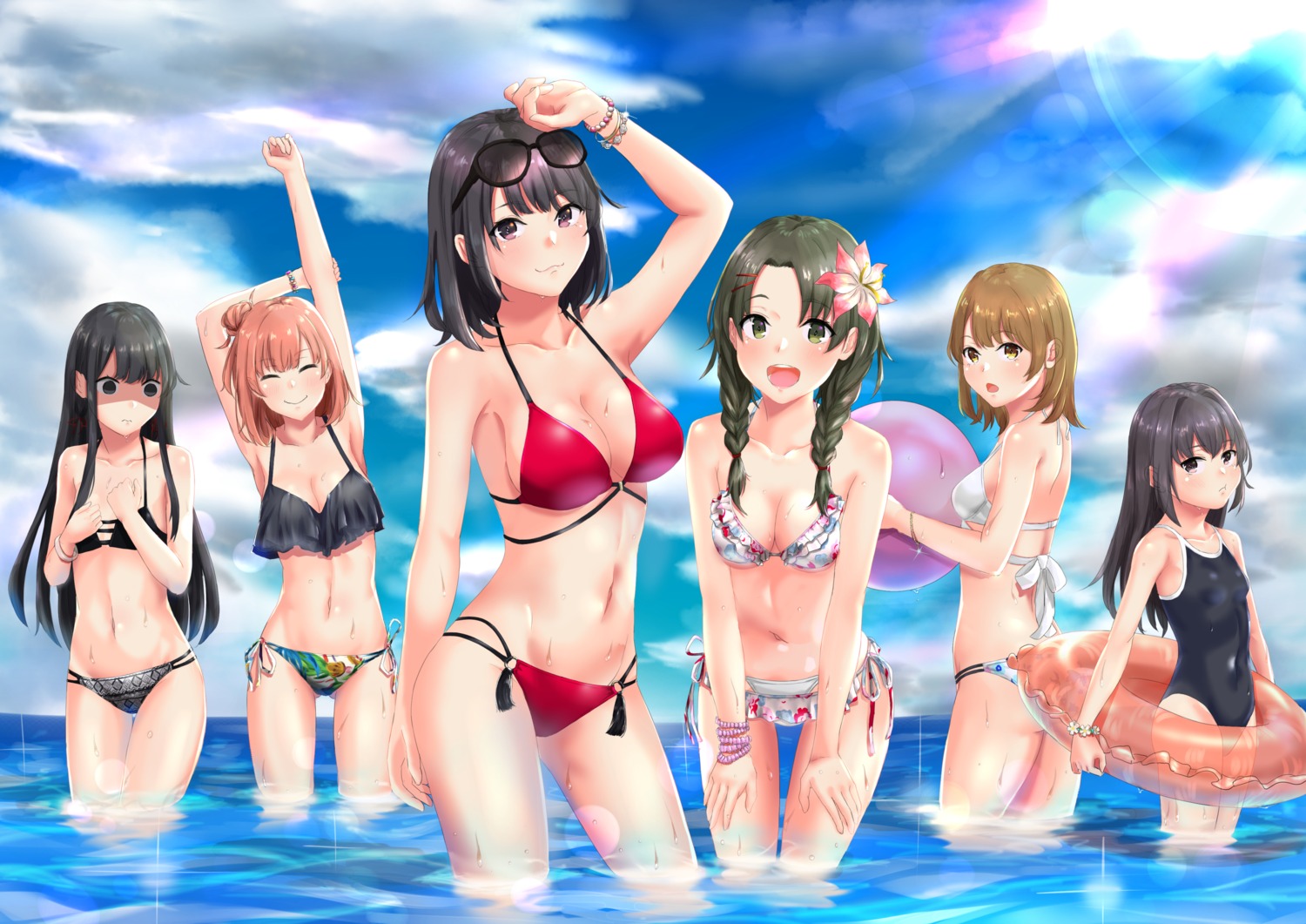 bikini, breast_hold, cleavage, isshiki_iroha, megane, meri-san, school_swimsuit, shiromeguri_meguri, swimsuits, tsurumi_rumi, wet, yahari_ore_no_seishun_lovecome_wa_machigatteiru., yuigahama_yui, yukinoshita_haruno, yukinoshita_yukino