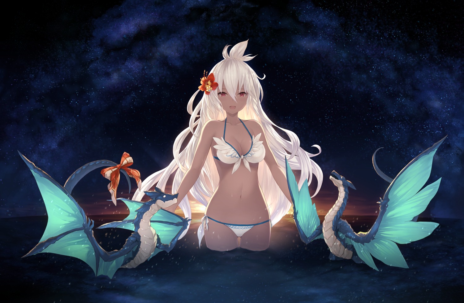 bikini, cait, cleavage, granblue_fantasy, monster, swimsuits, wet, zooey_(granblue_fantasy)