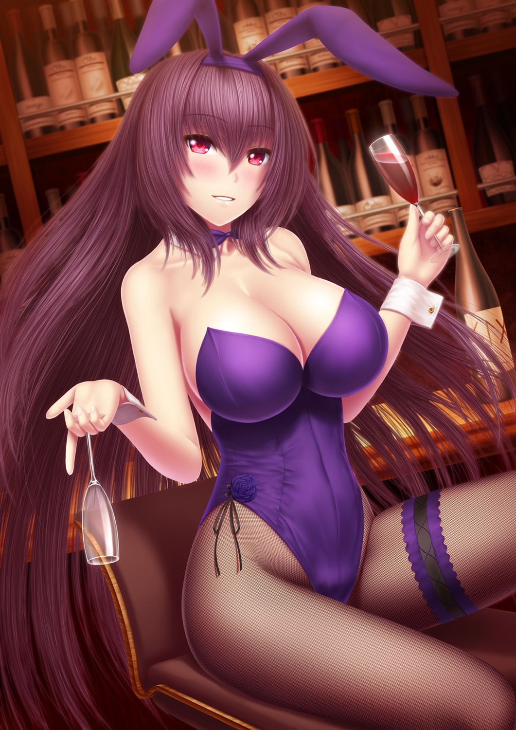 animal_ears, bunny_ears, bunny_girl, cleavage, fate/grand_order, fishnets, garter, masatoki, pantyhose, scathach_(fate)