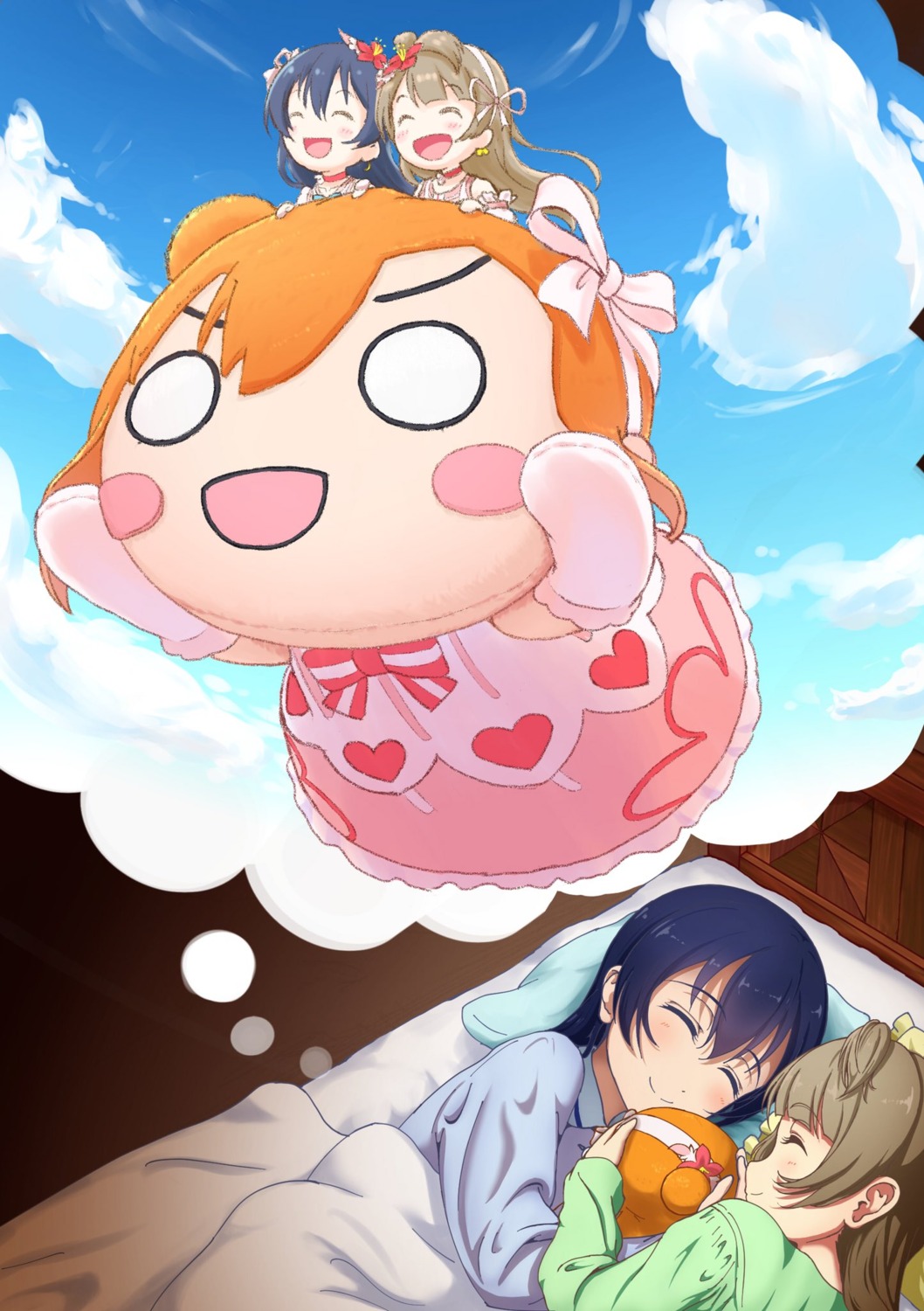 amagi_(volfuji), dress, kousaka_honoka, love_live!, love_live!_(series), minami_kotori, pajama, sheets