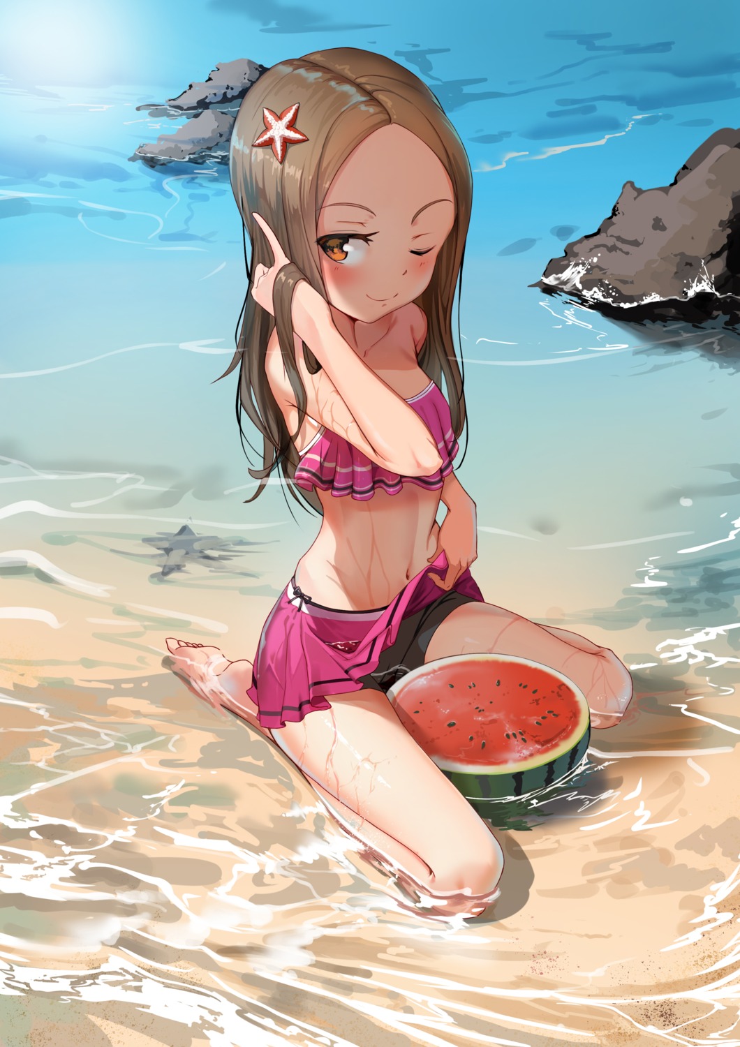 bike_shorts, karakai_jouzu_no_takagi-san, merchant91, skirt_lift, swimsuits, takagi-san, wet, wet_clothes
