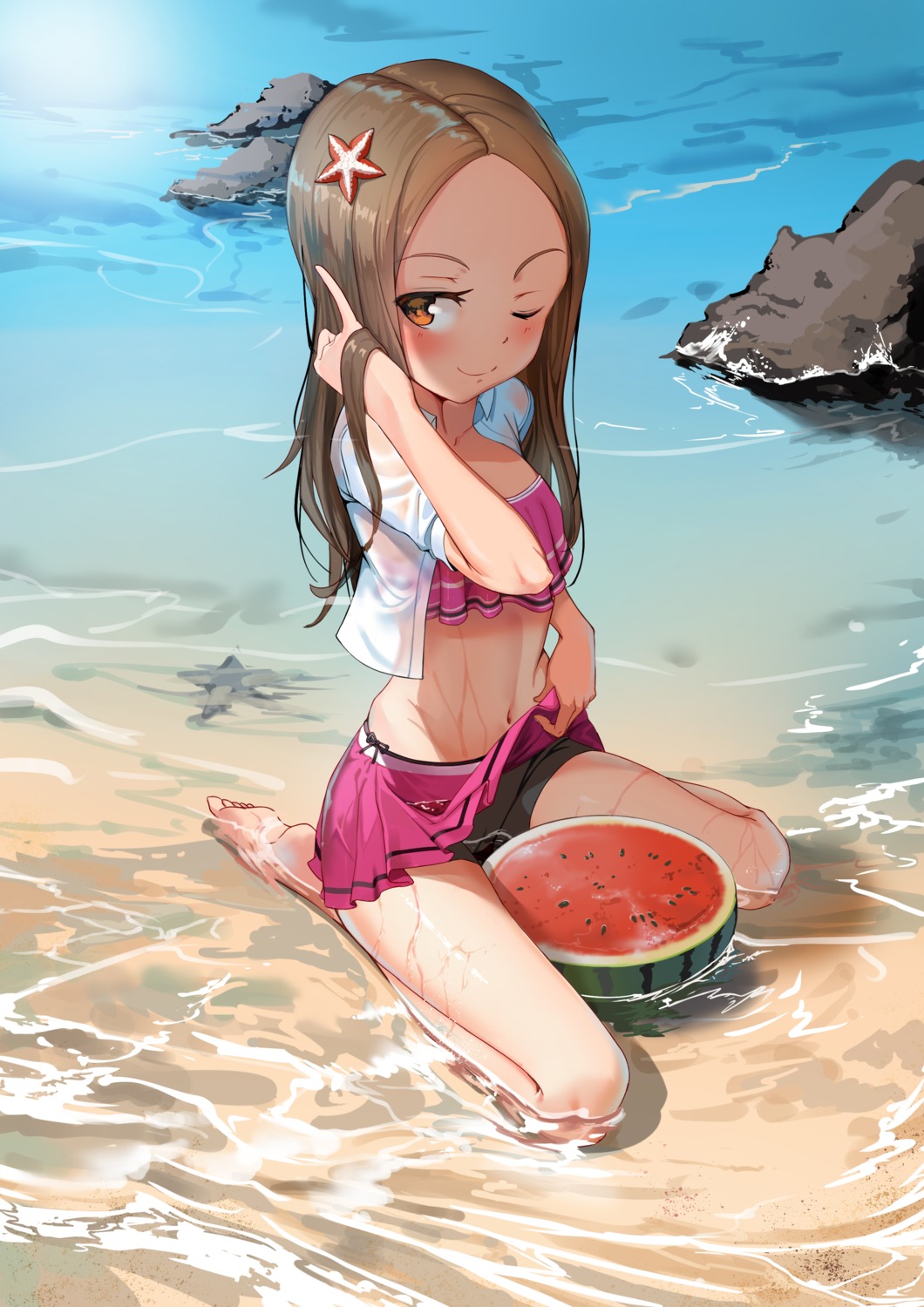 bike_shorts, bikini, karakai_jouzu_no_takagi-san, merchant91, open_shirt, see_through, skirt_lift, swimsuits, takagi-san, wet, wet_clothes