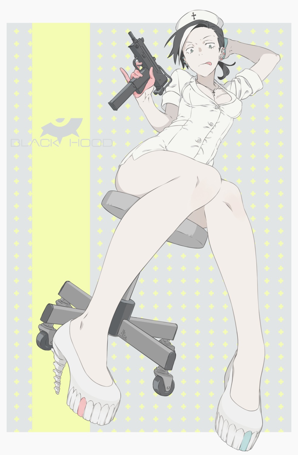 cleavage, gun, heels, kamezaemon, nurse, pantyhose