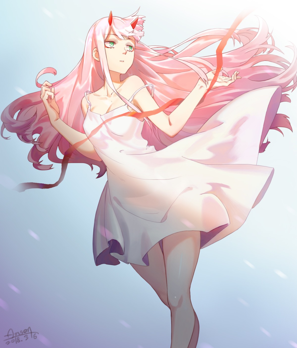 anson_(13686564308), cleavage, darling_in_the_franxx, dress, horns, summer_dress, zero_two_(darling_in_the_franxx)