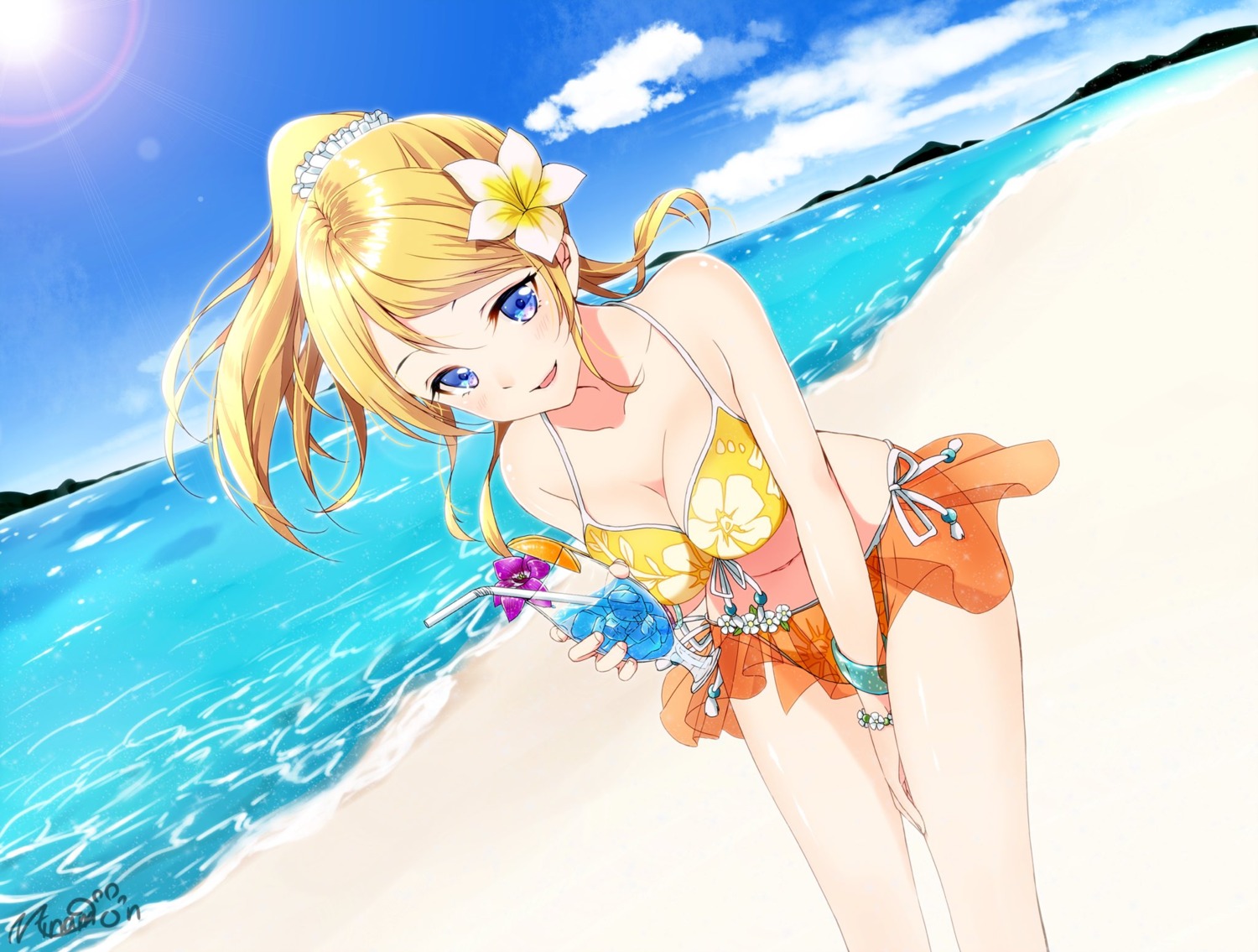 ayase_eli, bikini, cleavage, love_live!, love_live!_(series), minamoto_mamechichi, see_through, swimsuits