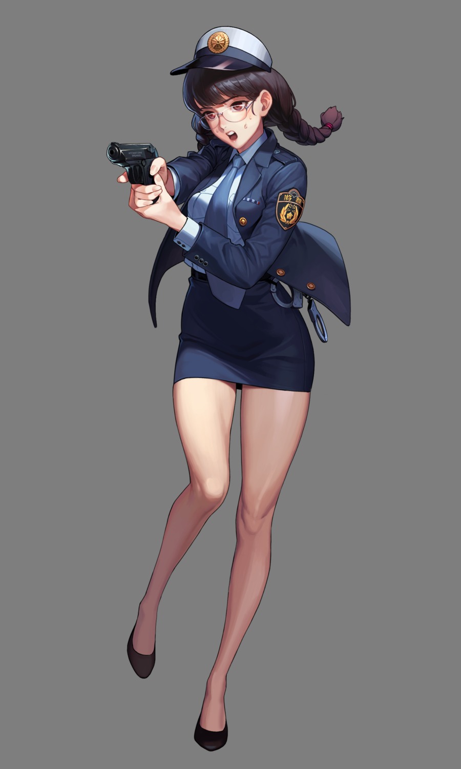 aya_(black_survival), black_survival, gun, megane, police_uniform, suzuki_aya, tagme, transparent_png