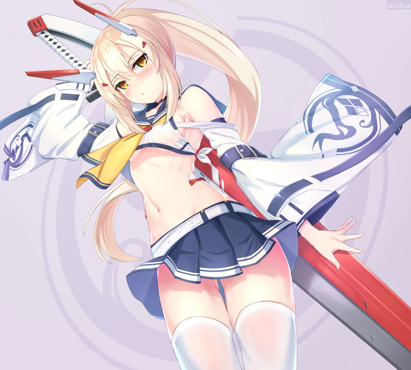 ayanami_(azur_lane), azur_lane, dobunezumi, see_through, seifuku, sword, thighhighs, underboob